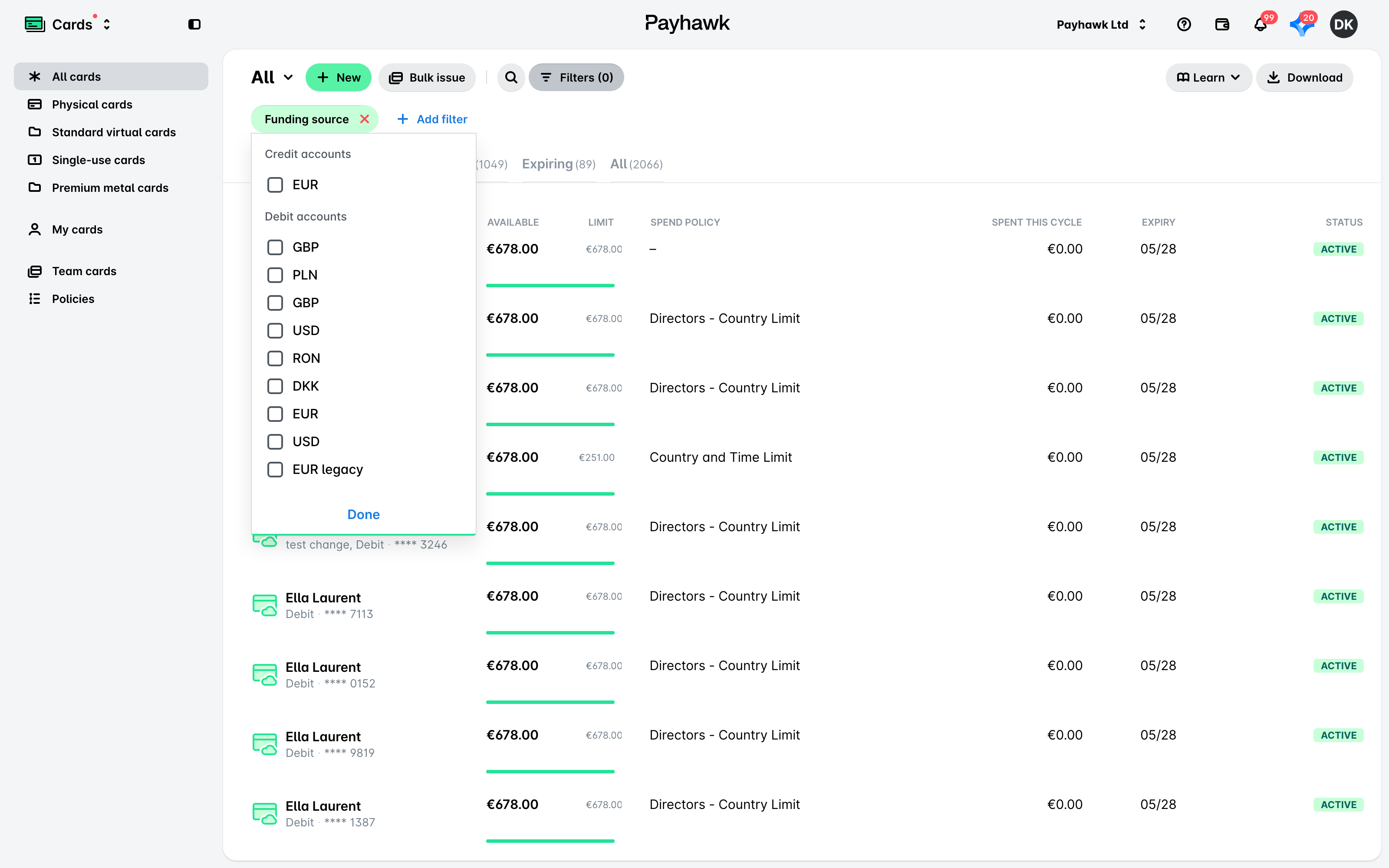 The Cards list with the Funding source filter open, listing credit and debit accounts.