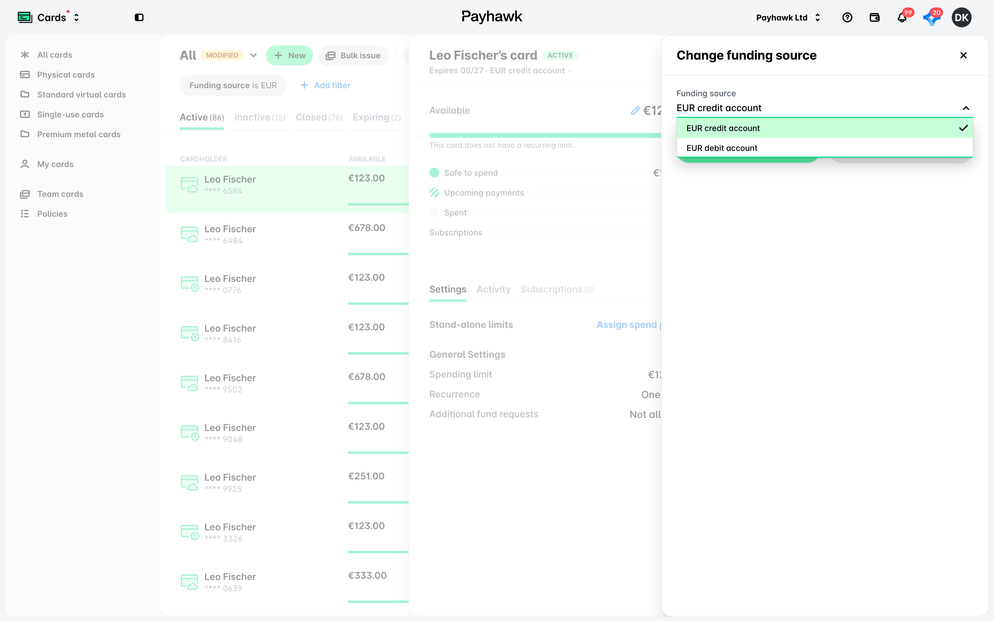 The Change funding source panel for a card with the Funding source drop-down open.