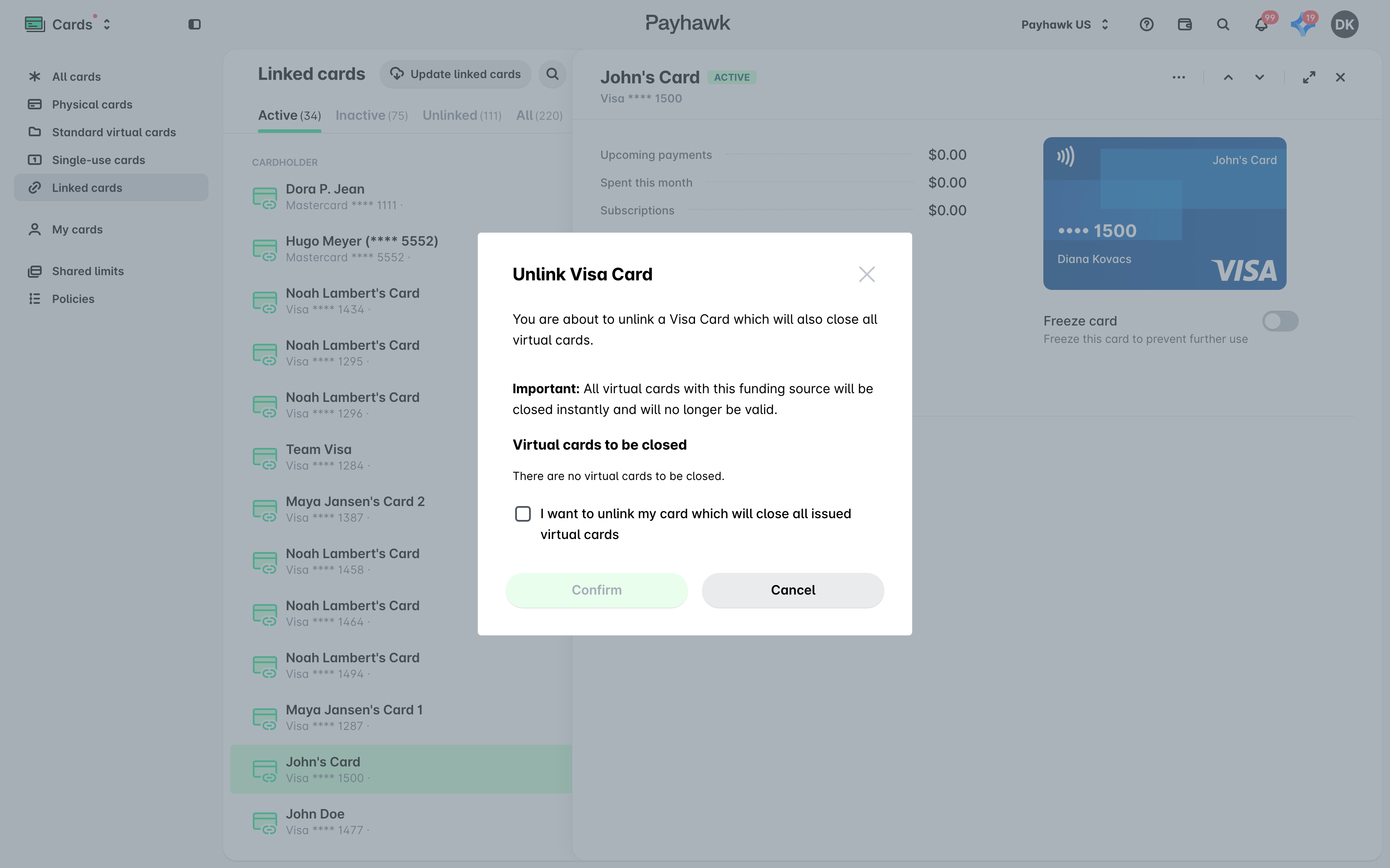 The Unlink Visa Card dialog with the virtual cards warning and confirmation checkbox.