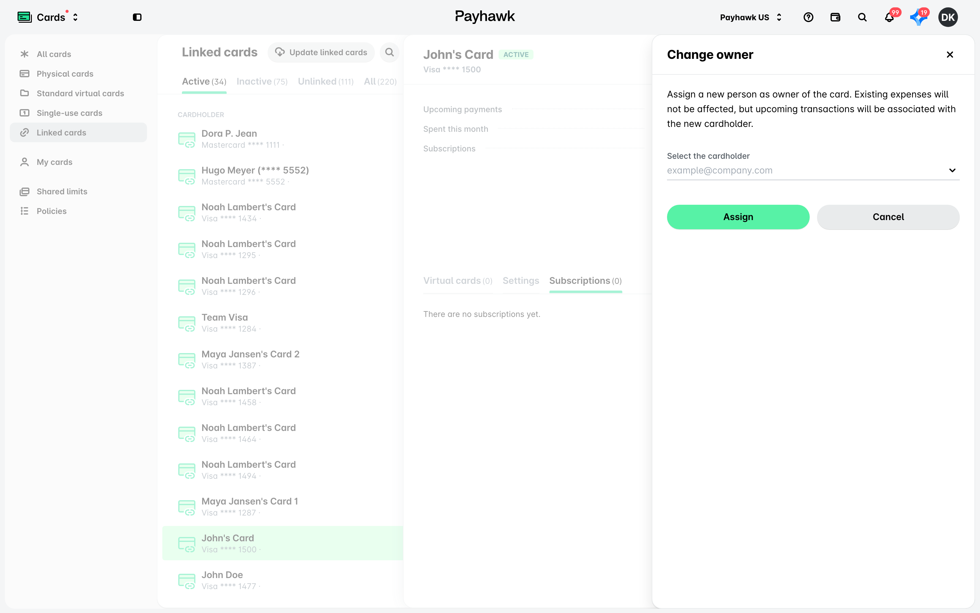 The Change owner panel for a linked Visa card.