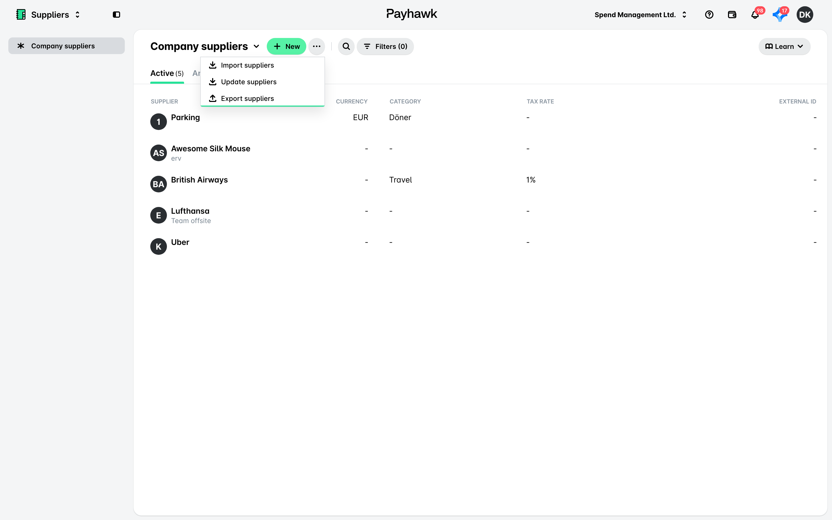 The Company suppliers list with the three-dot menu open on Import suppliers, Update suppliers and Export suppliers.