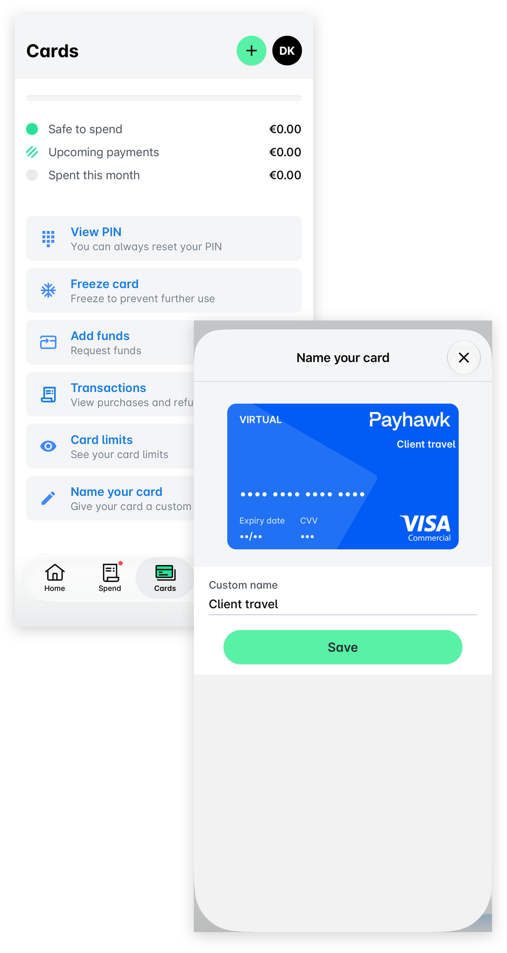 Payhawk mobile app Cards screen with the Name your card option, and the Name your card sheet with a custom name and the Save button.