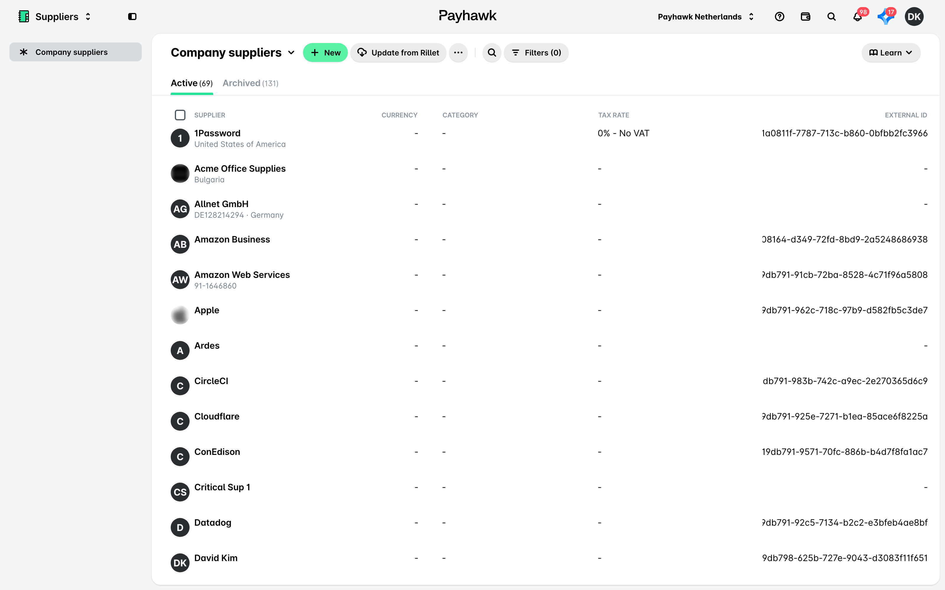 The Active tab of the Suppliers app listing suppliers with currency, category, tax rate and external ID.