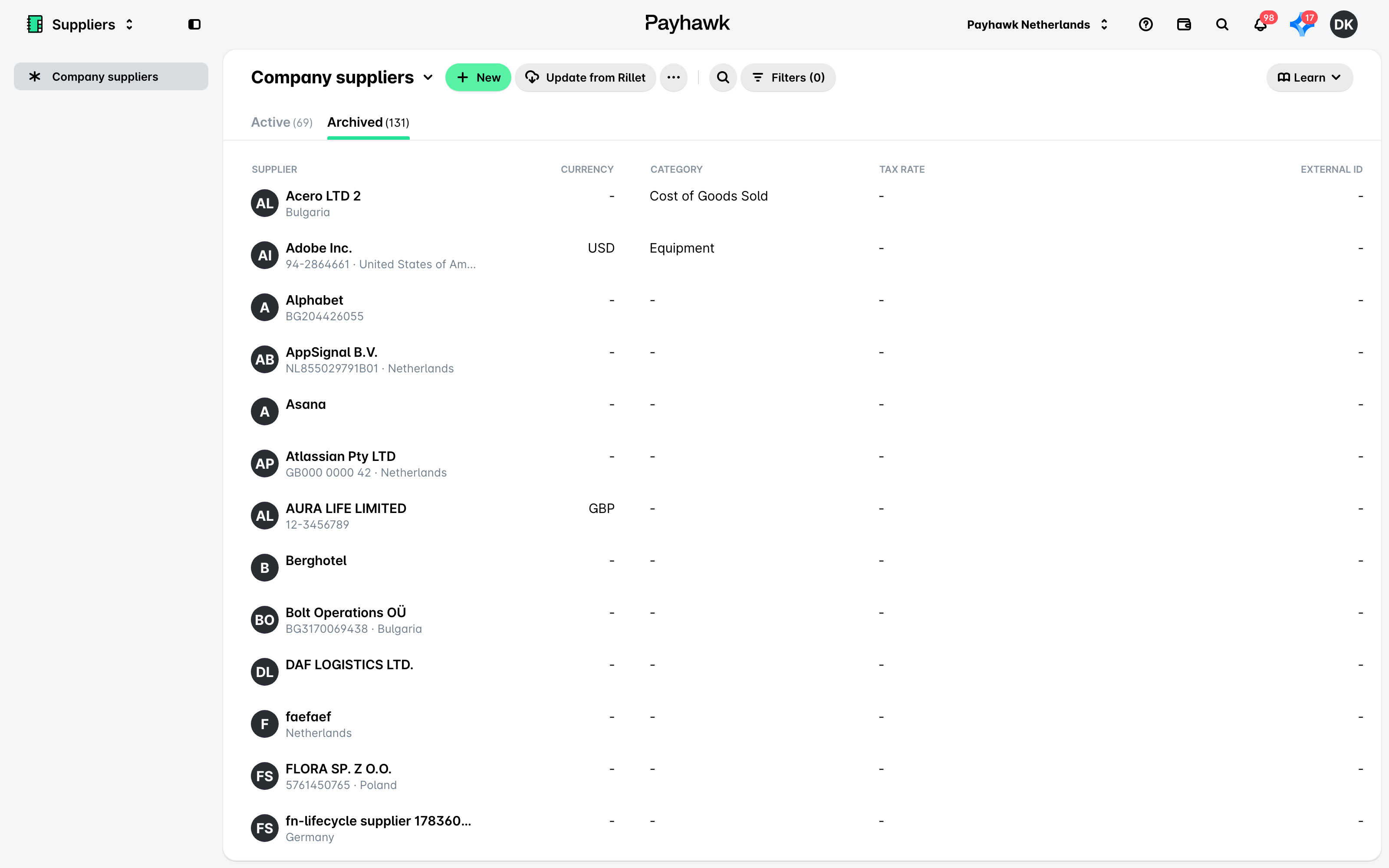 The Archived tab of the Suppliers app listing archived suppliers.