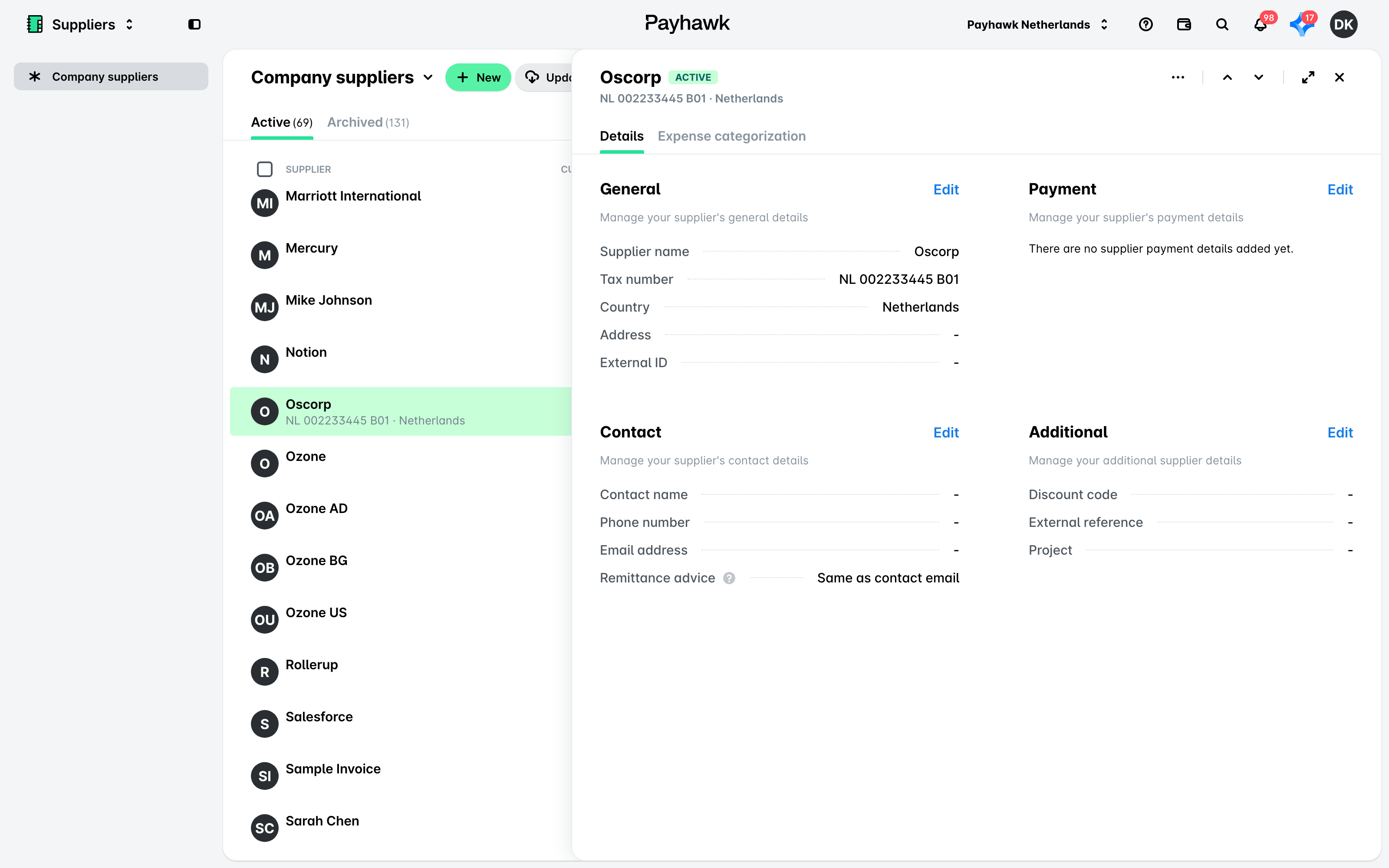A supplier record open on the Details tab with General, Payment, Contact and Additional sections.