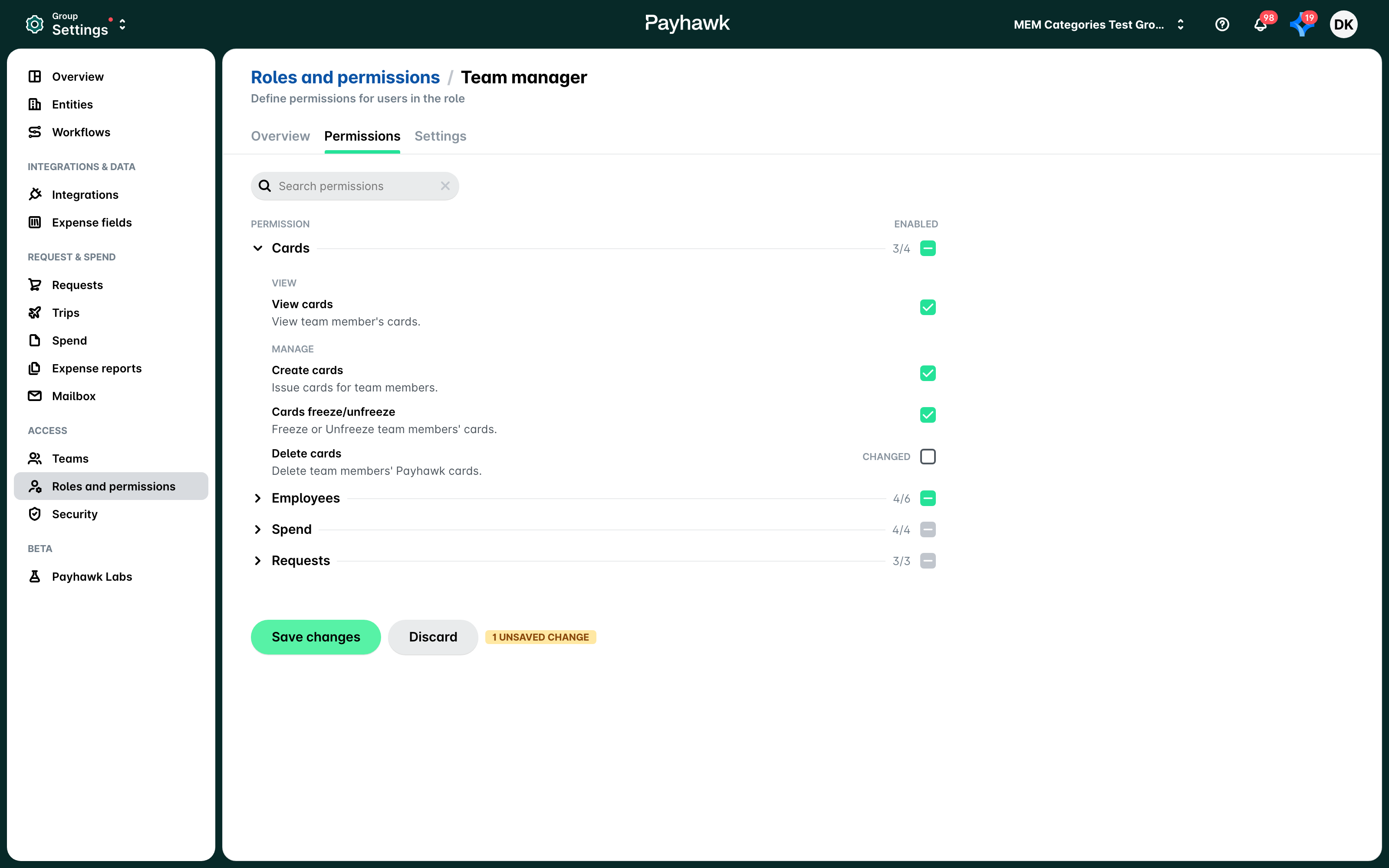 The Team manager role extension Permissions tab with one permission cleared and Save changes active.