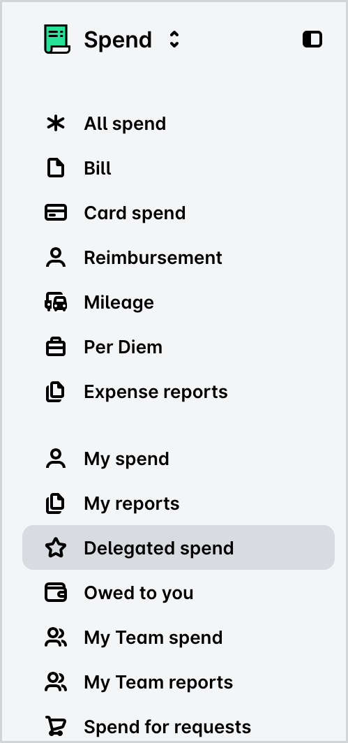 The Spend left pane with the Delegated spend view.