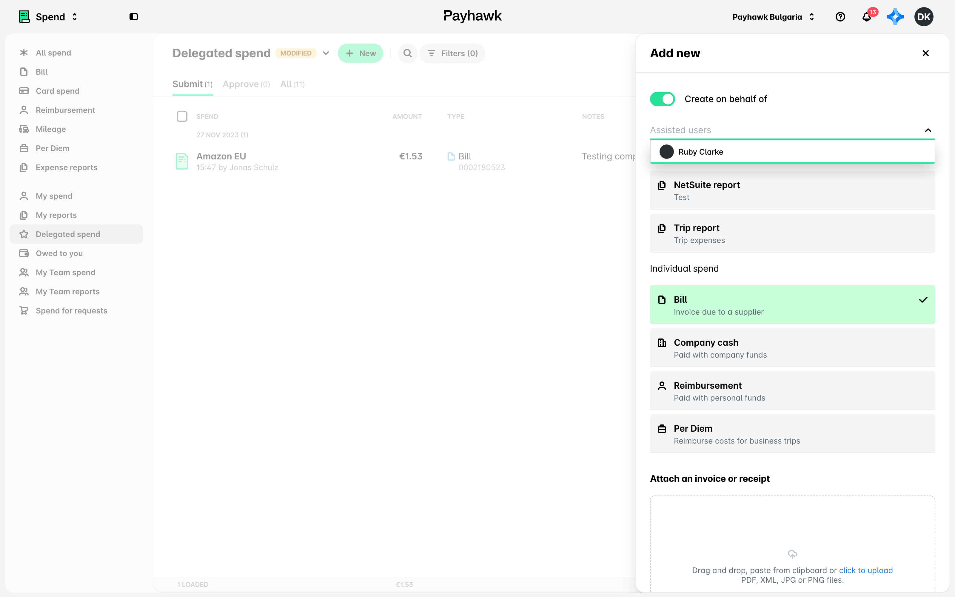The Add new panel with Create on behalf of switched on and the assisted users list open.