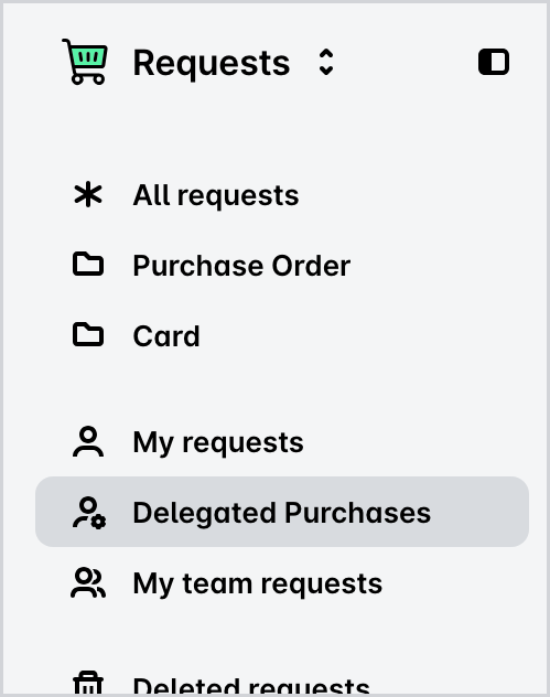 The Requests left pane with the Delegated Purchases view.