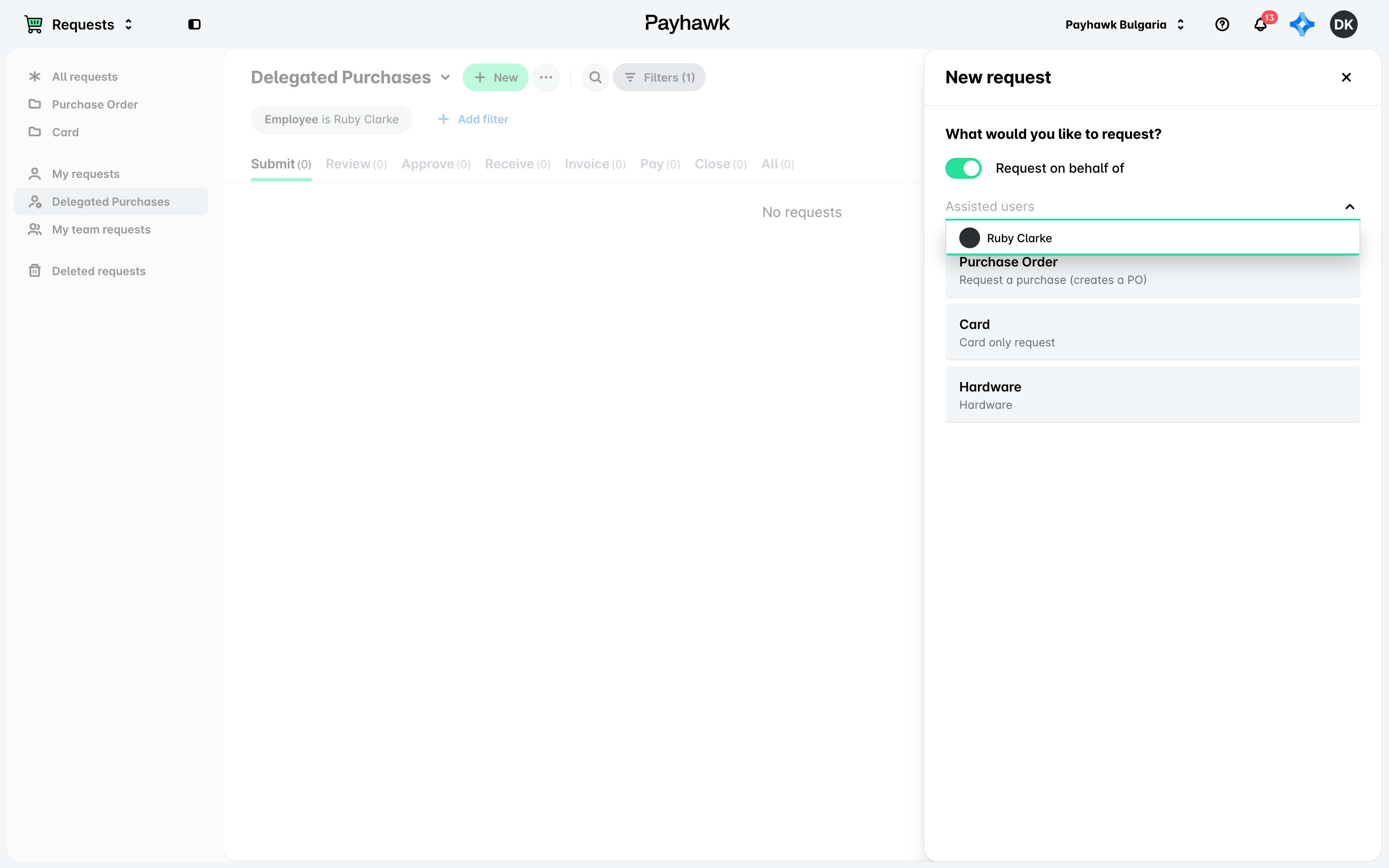 The New request panel with Request on behalf of switched on and the assisted users list open.
