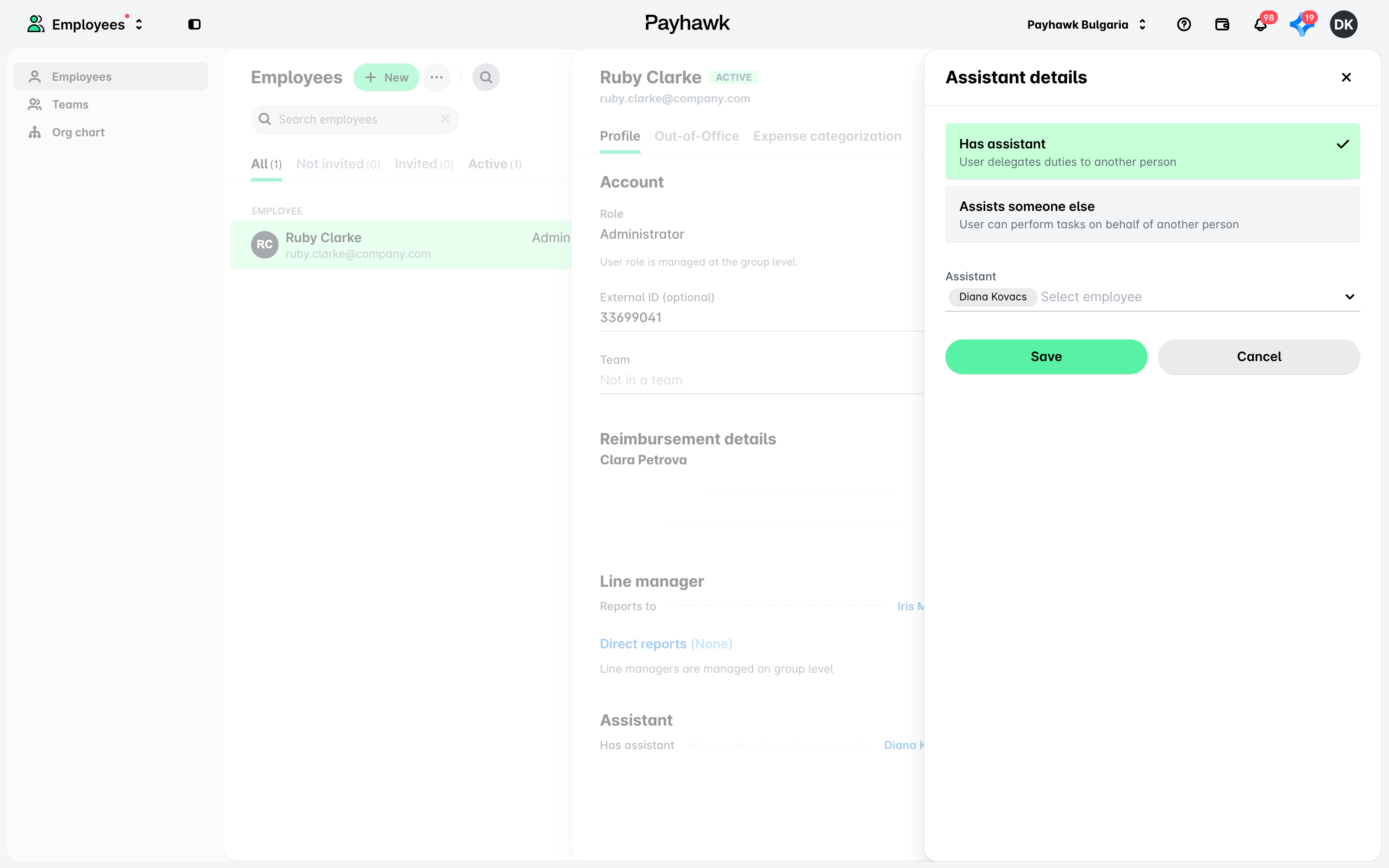 The Assistant details panel on an employee record with Has assistant selected and the assistant chosen.