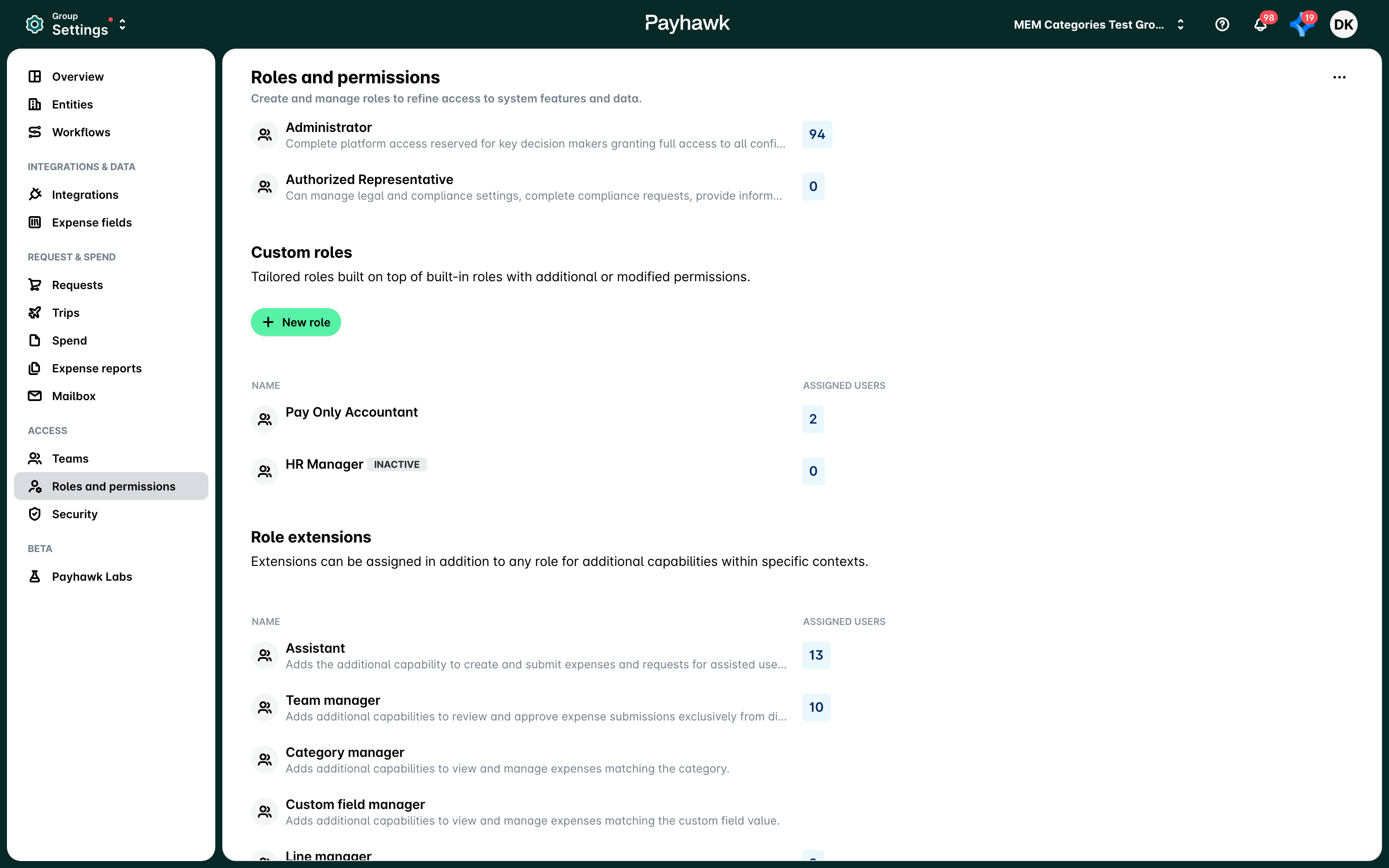 Group Settings > Roles and permissions with the Role extensions list: Assistant, Team manager, Category manager, Custom field manager and Line manager.