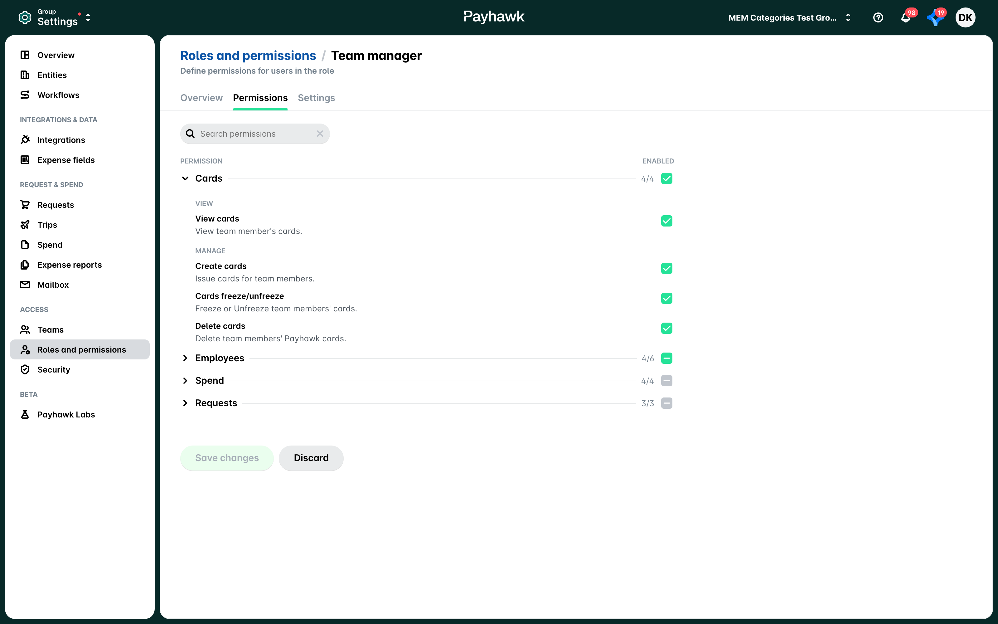 The Team manager role extension Permissions tab with the Cards permissions expanded.