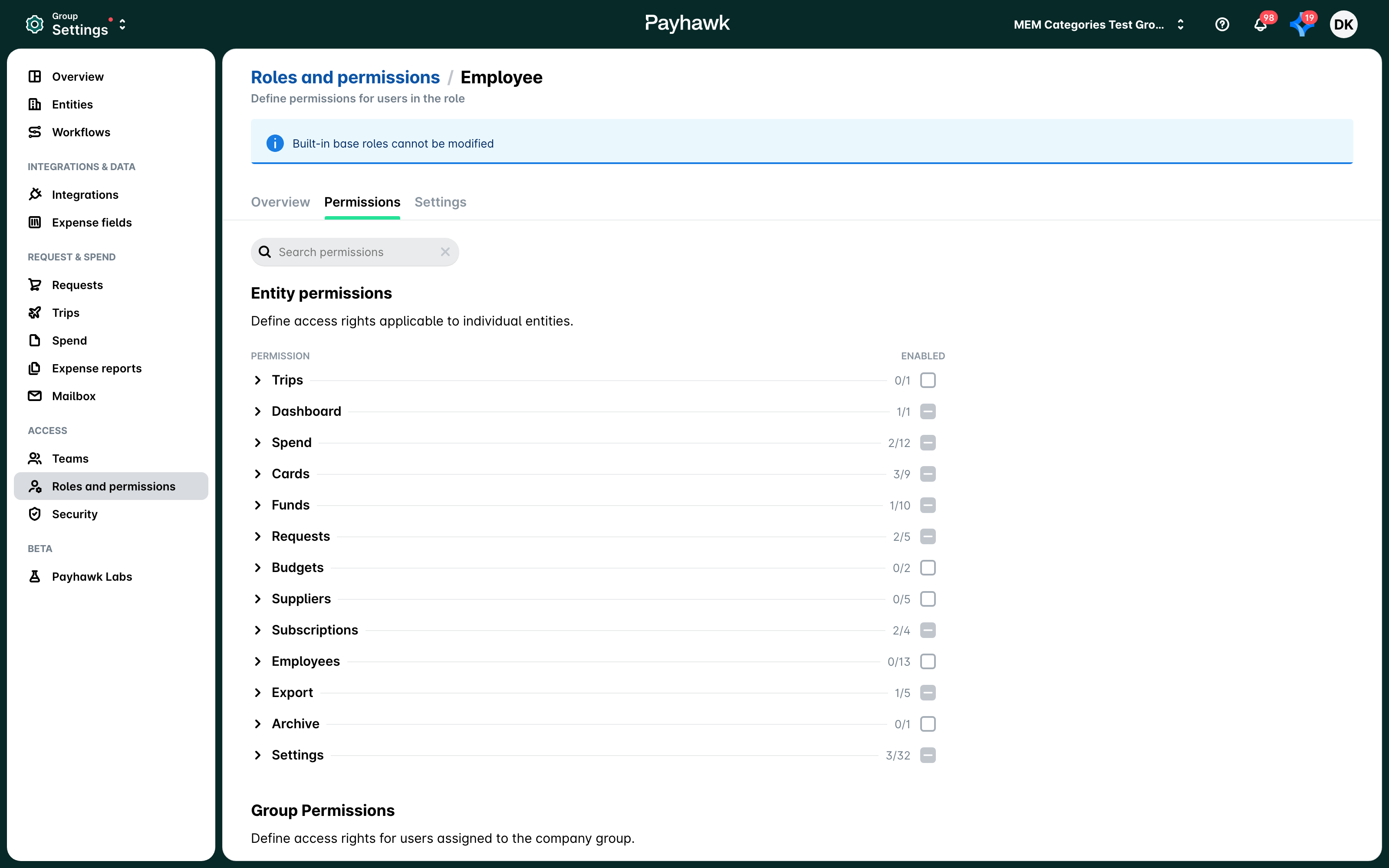 The Employee role Permissions tab with the permission groups and how many are enabled.