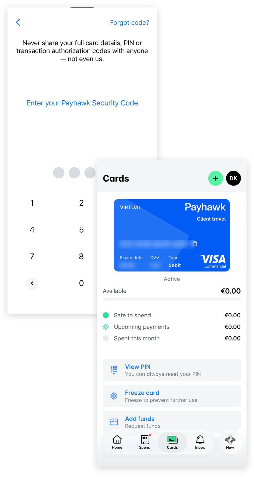 Payhawk mobile app Security Code screen, followed by the Cards screen showing the virtual card details.