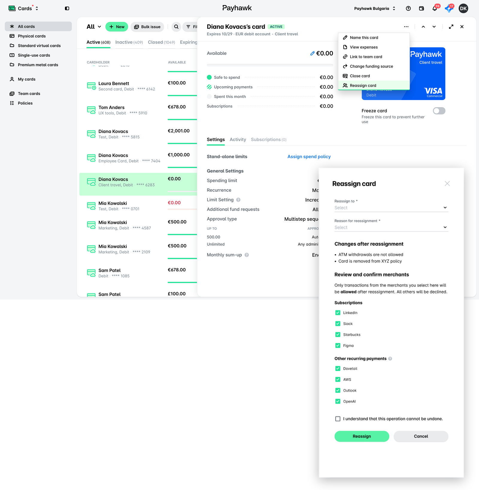 A card side panel with its three-dot menu open on Reassign card, and the Reassign card panel with the Subscriptions and Other recurring payments lists.