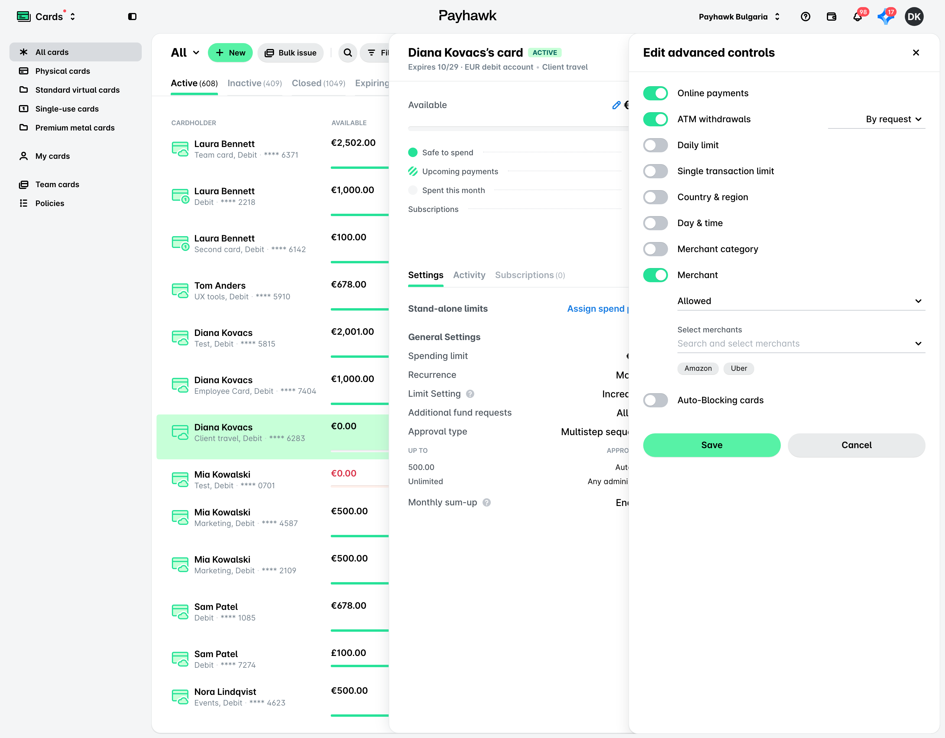 The Edit advanced controls dialog with the Merchant control set to Allowed for Amazon and Uber.