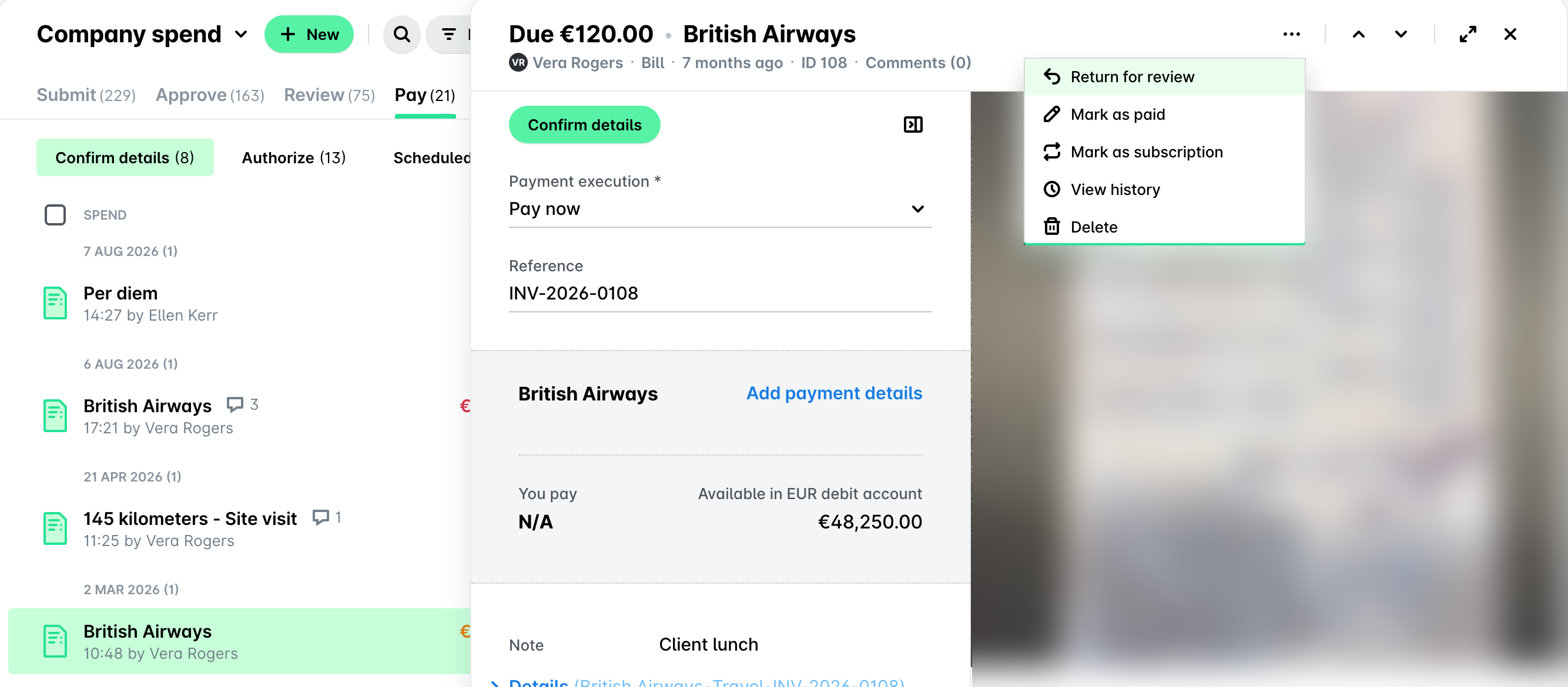Bill under Pay > Confirm details open in a side panel, with its three-dot menu showing Return for review, Mark as paid, Mark as subscription, View history, and Delete.
