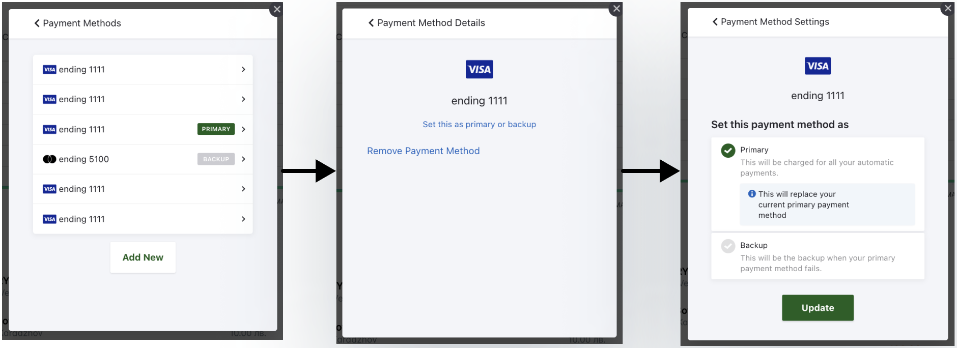 La lista de métodos de pago, los detalles de una tarjeta y su configuración con Principal seleccionado y el botón Actualizar.