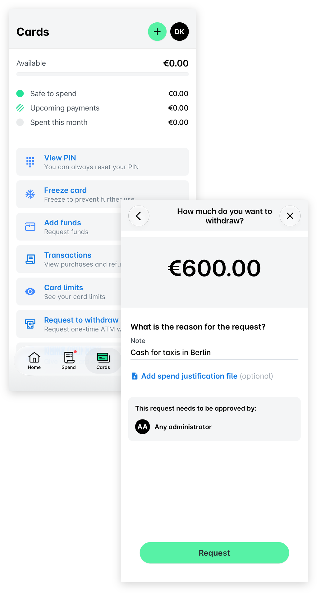 Payhawk mobile app Cards screen with the Request to withdraw cash option, and the withdrawal form with the amount, a note and the Request button.