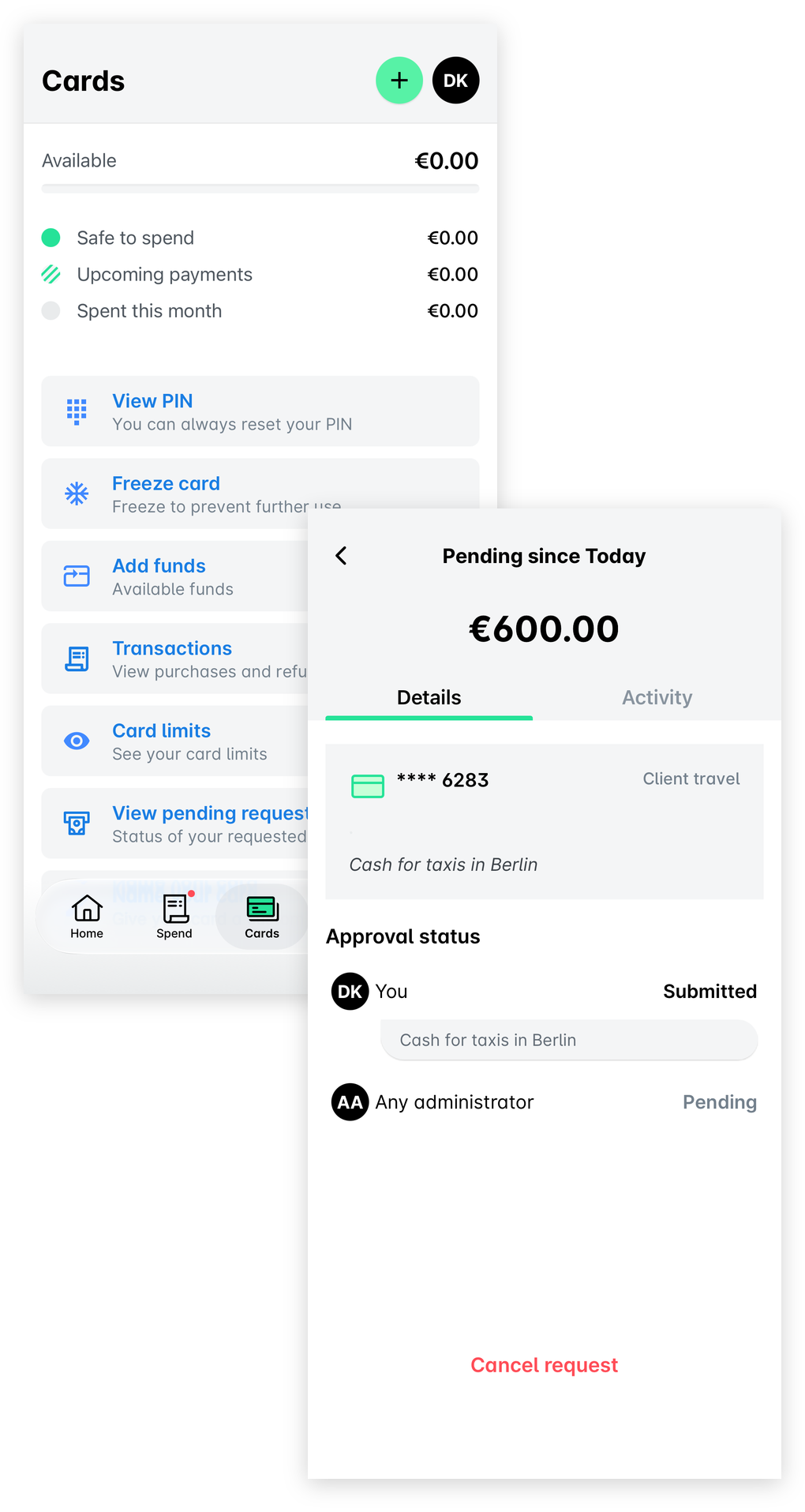 Payhawk mobile app Cards screen with the View pending request option, and the pending ATM withdrawal request with the Cancel request button.