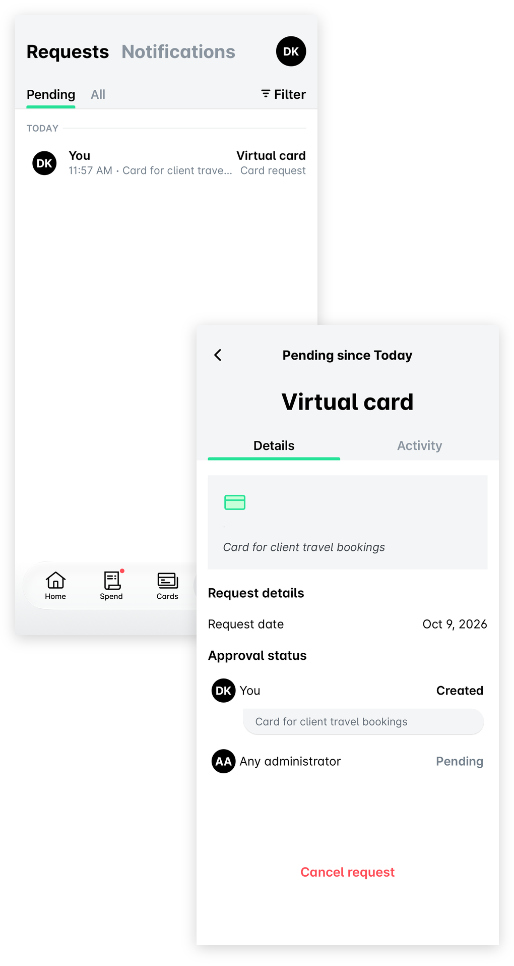 Payhawk mobile app Inbox with a pending virtual card request, and the request details with the Cancel request button.