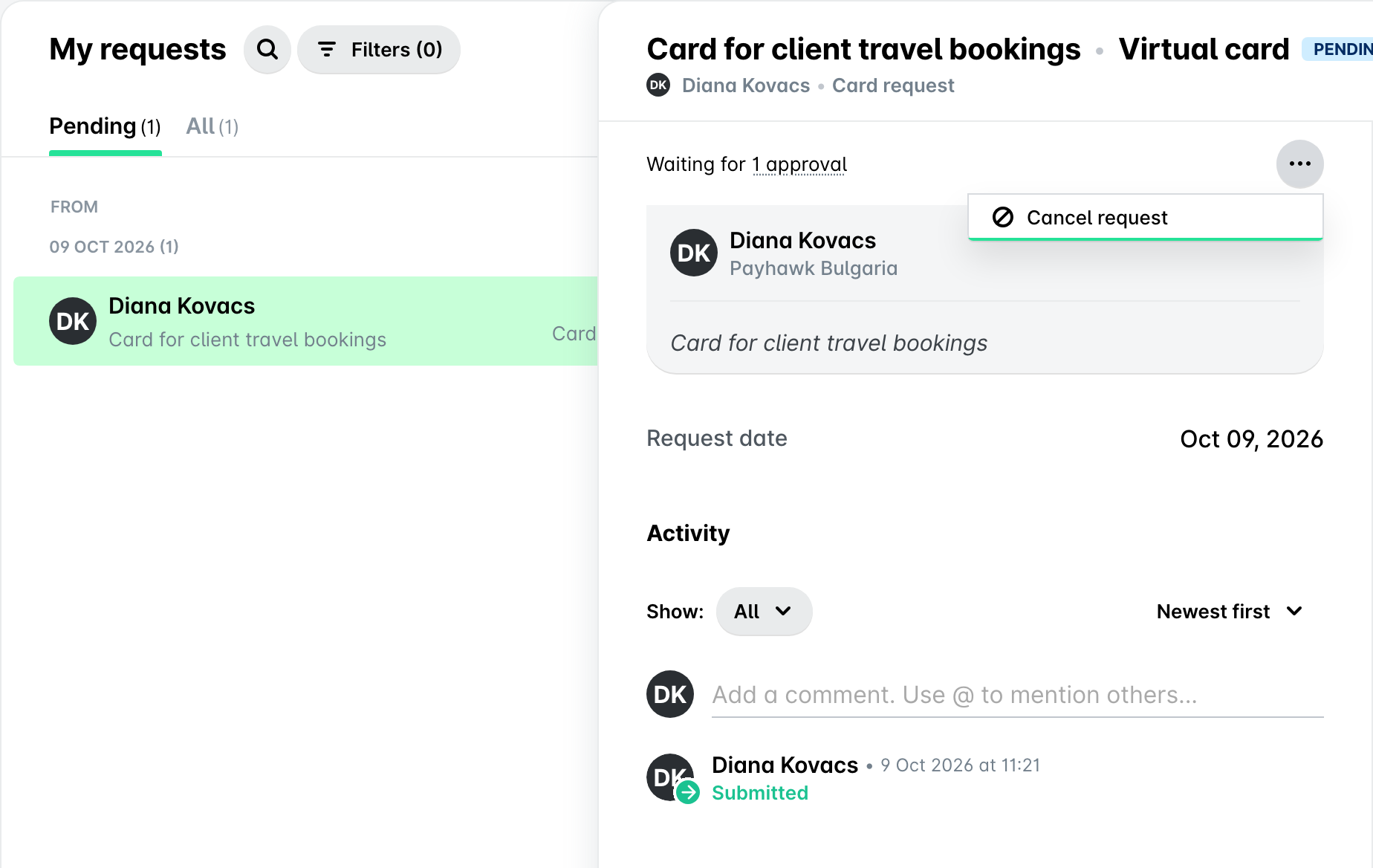 Inbox My requests in the Payhawk portal with a pending card request open and its three dots menu showing Cancel request.