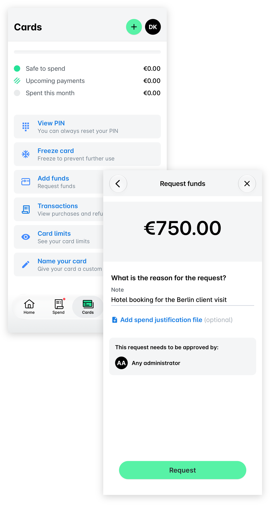 Payhawk mobile app Cards screen with the Add funds option, and the Request funds form with the amount, a note and the Request button.