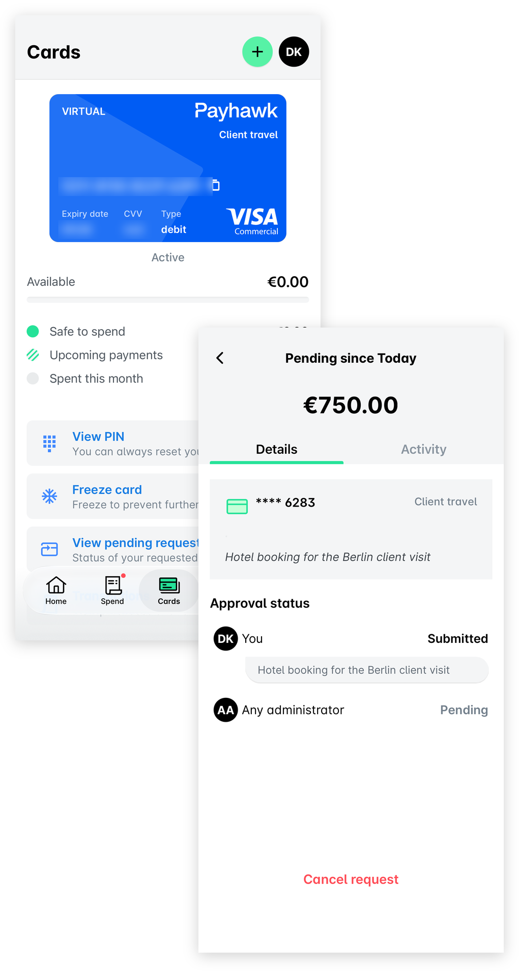 Payhawk mobile app Cards screen with the View pending request option, and the pending fund request with the Cancel request button.