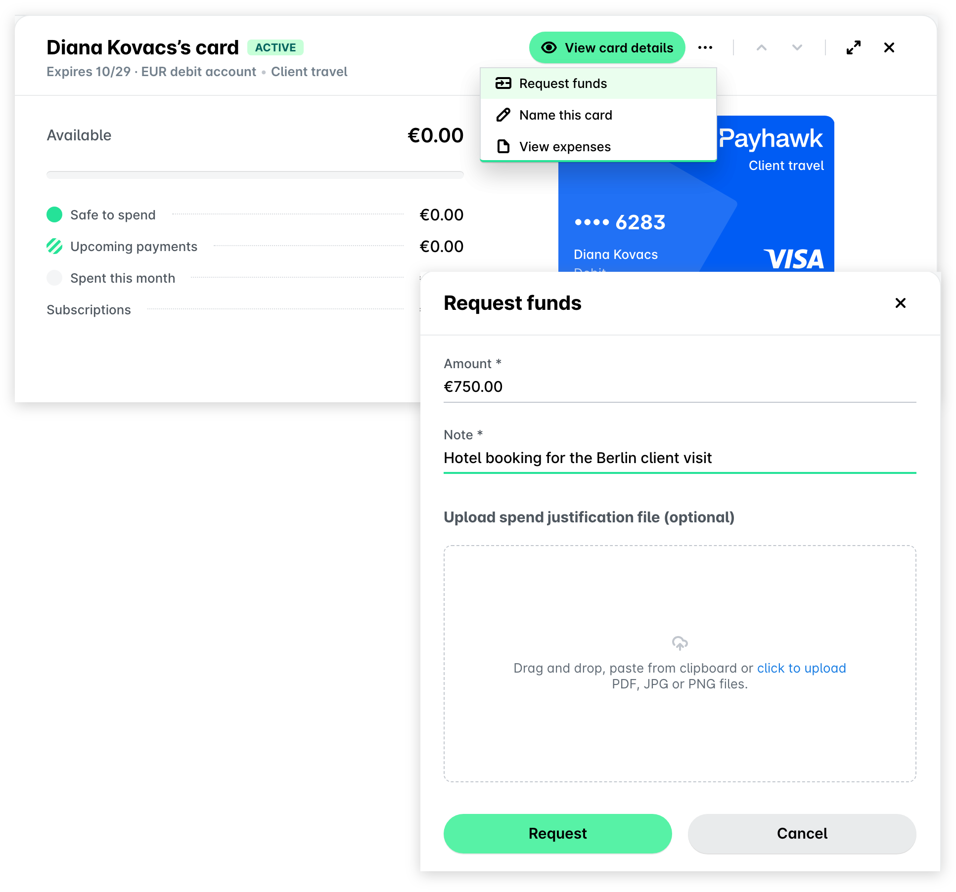 Card side panel in the Payhawk portal with the three dots menu open on Request funds, and the Request funds side panel with the amount and a note.