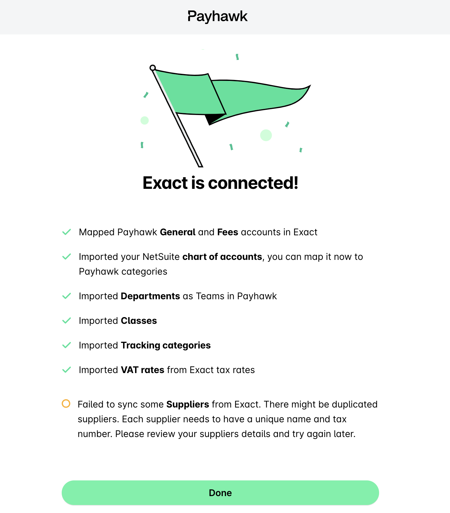 La confirmation de la connexion à Exact, qui liste les éléments importés et indique que certains fournisseurs n'ont pas pu être synchronisés.