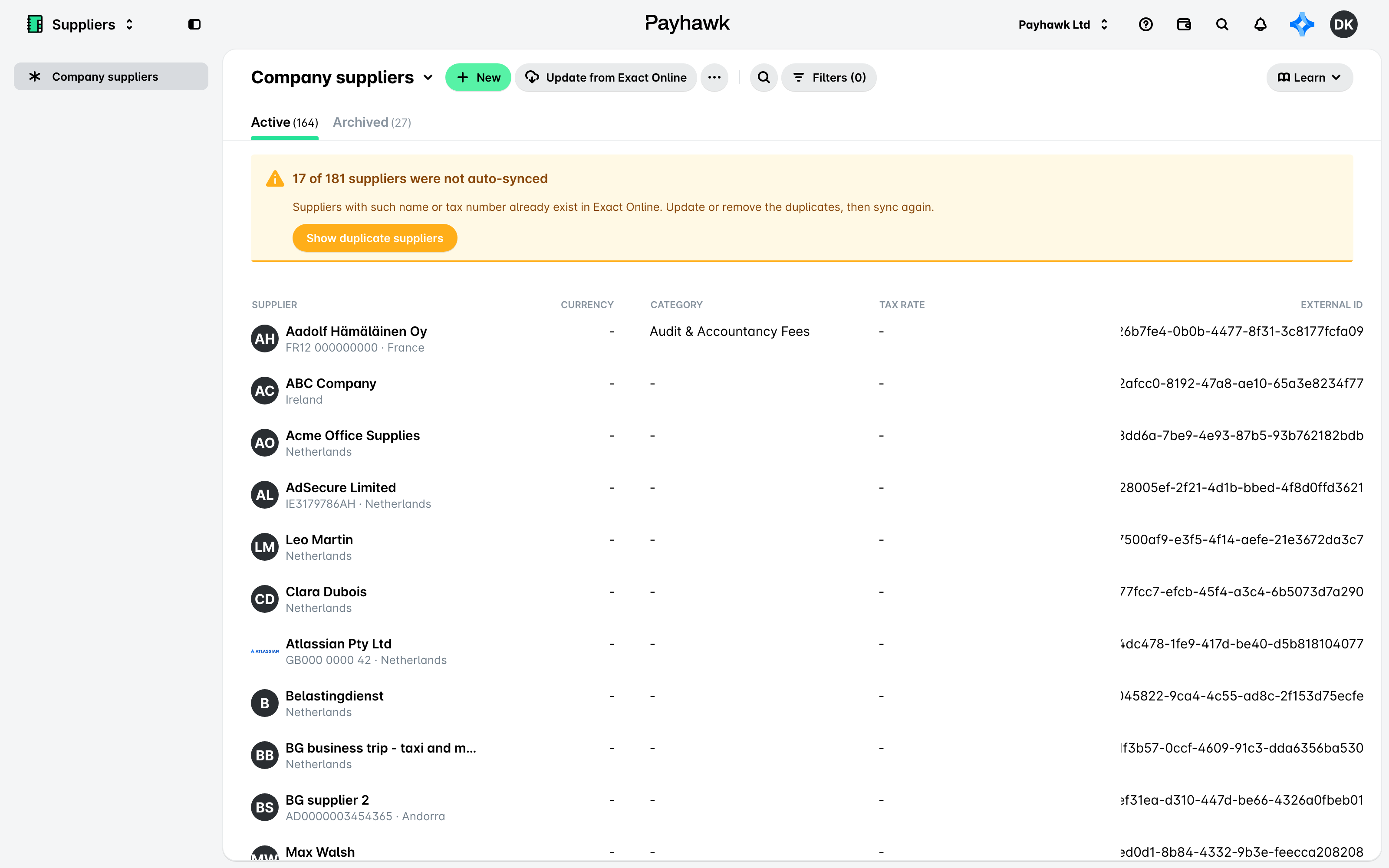 Fournisseurs de l'entreprise dans Fournisseurs avec le bouton de mise à jour depuis Exact Online et une bannière sur les fournisseurs qui n'ont pas été synchronisés automatiquement.