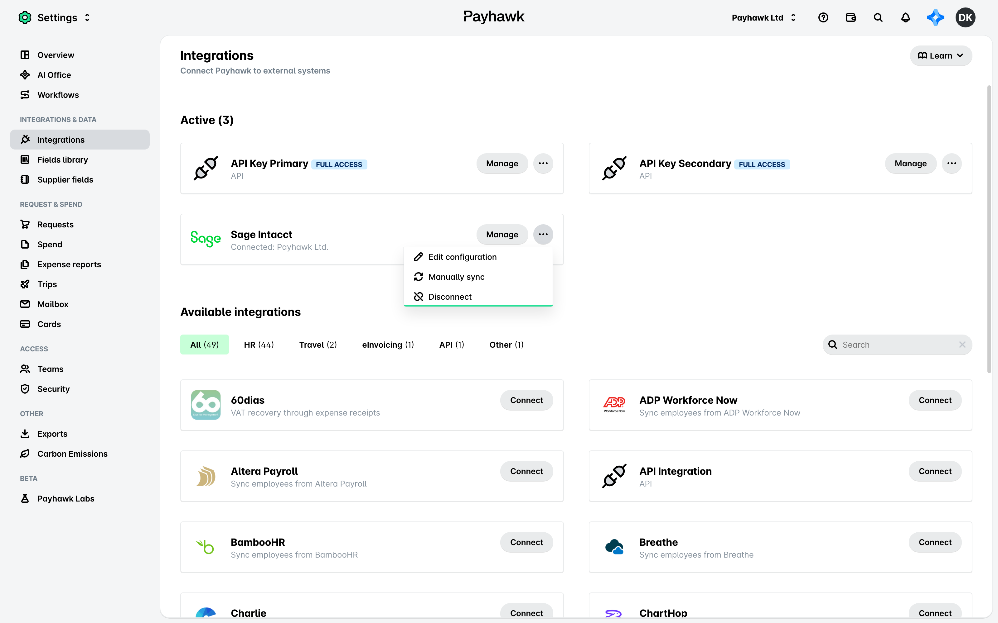 Einstellungen > Integrationen mit dem geöffneten Drei-Punkte-Menü von Sage Intacct mit Konfiguration bearbeiten, Manuell synchronisieren und Trennen.