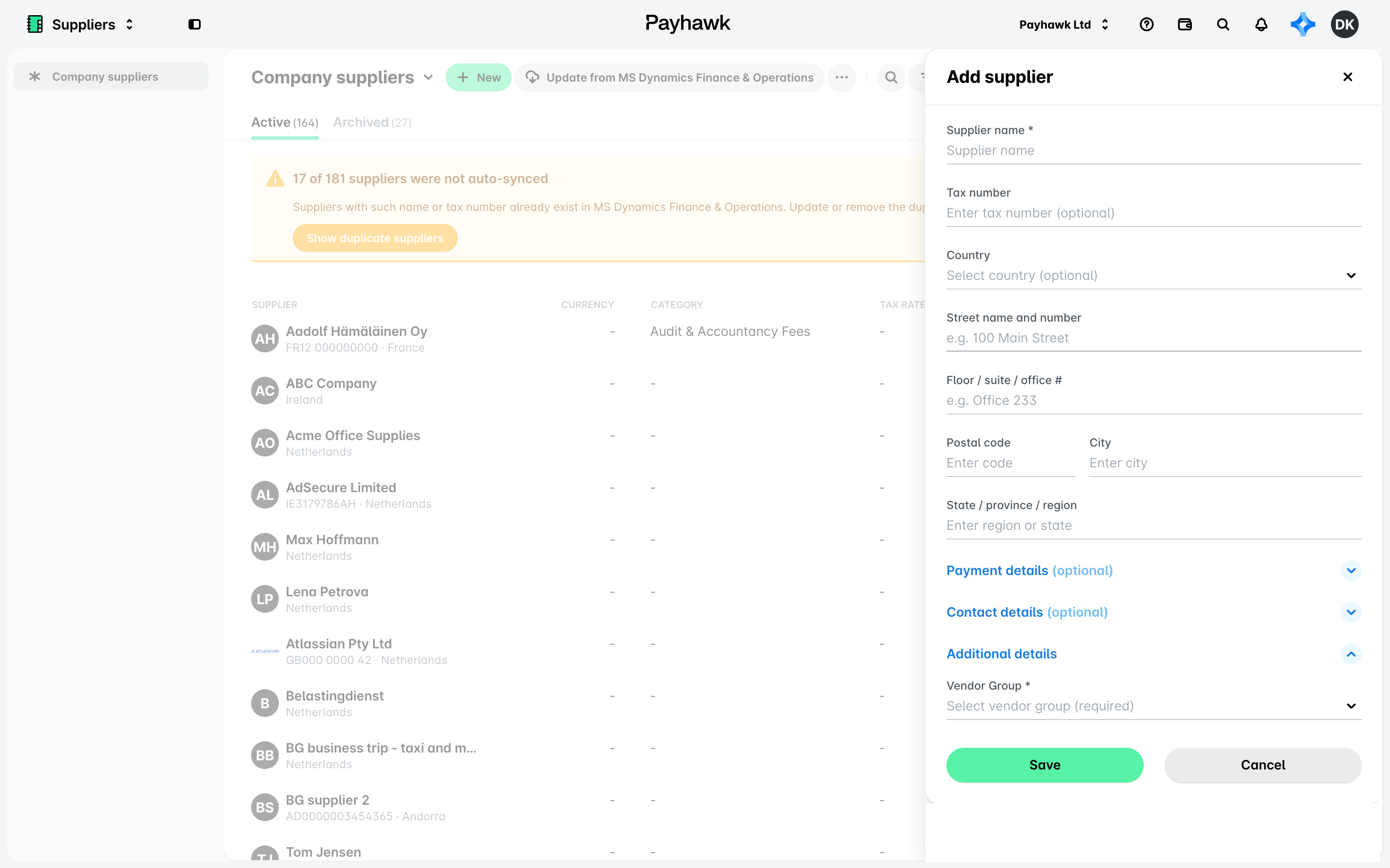 Le panneau Ajouter un fournisseur dans l’application Fournisseurs, avec la section Informations supplémentaires développée et le champ obligatoire Vendor Group.