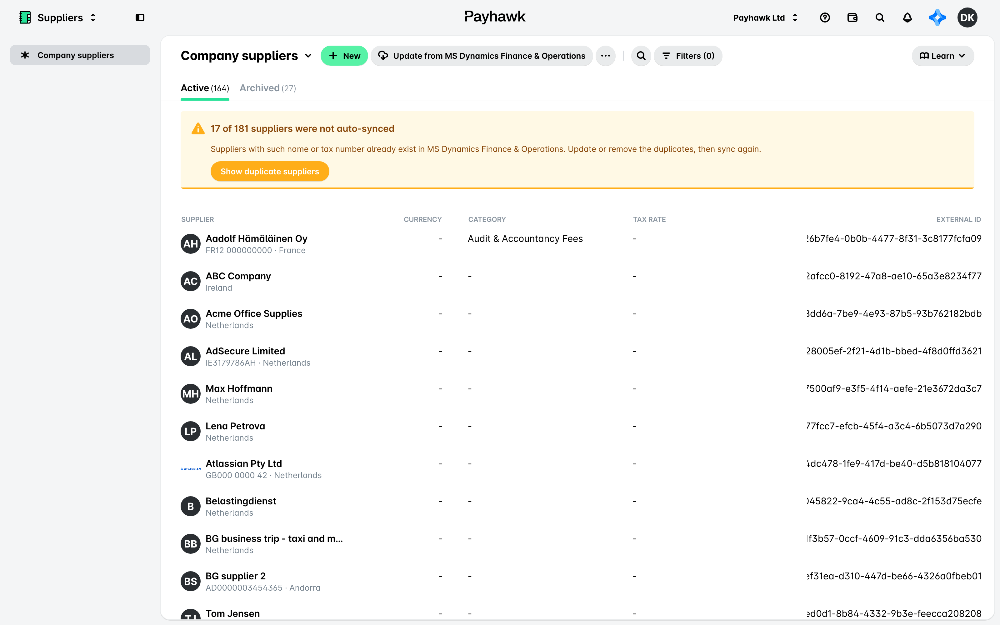 Fournisseurs de l'entreprise dans l’application Fournisseurs, avec le bouton Mettre à jour à partir de MS Dynamics Finance & Operations à côté de + Nouveau.