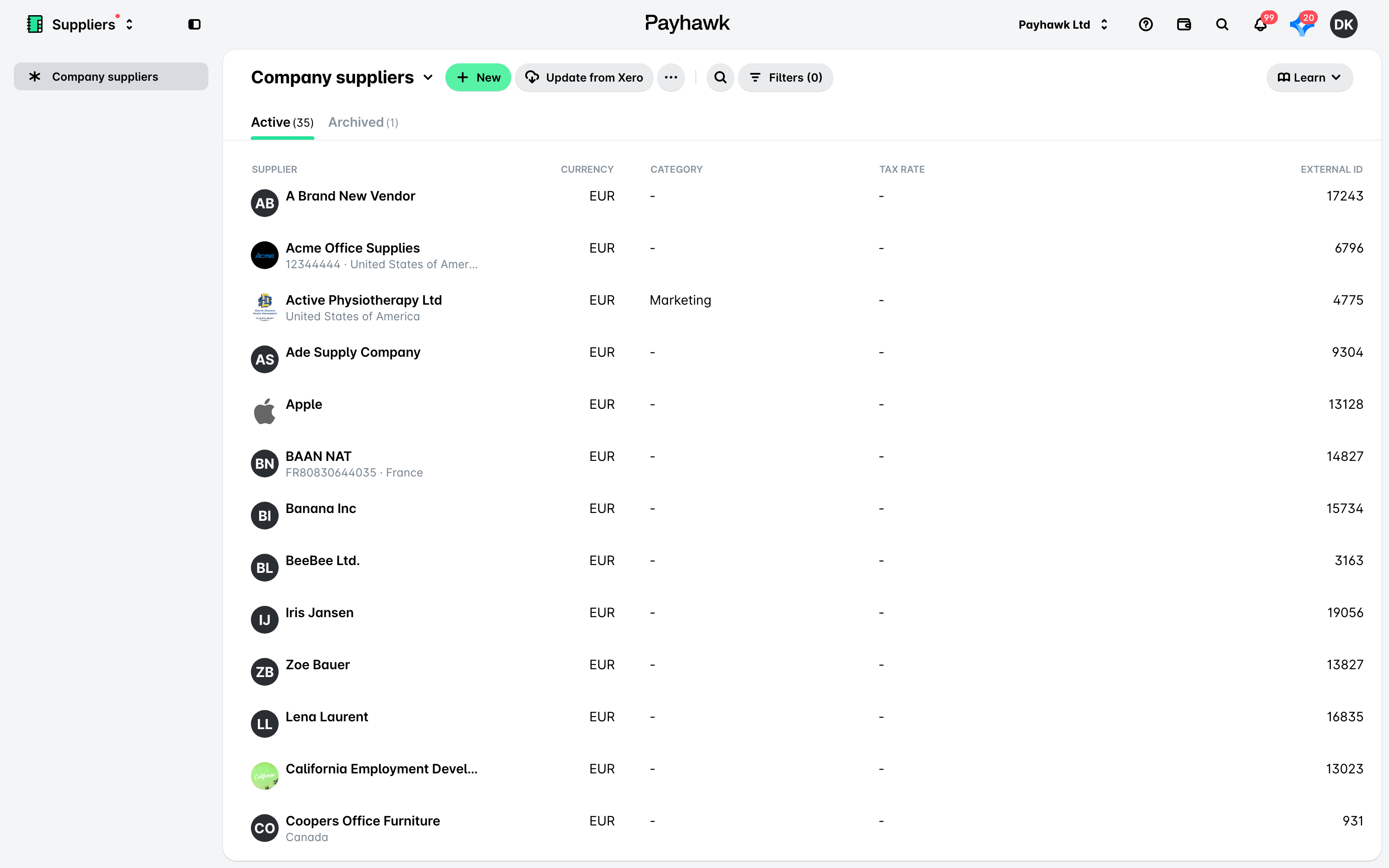 Unternehmenslieferanten in der App Lieferanten mit der Schaltfläche Aus Xero aktualisieren neben + Neu.