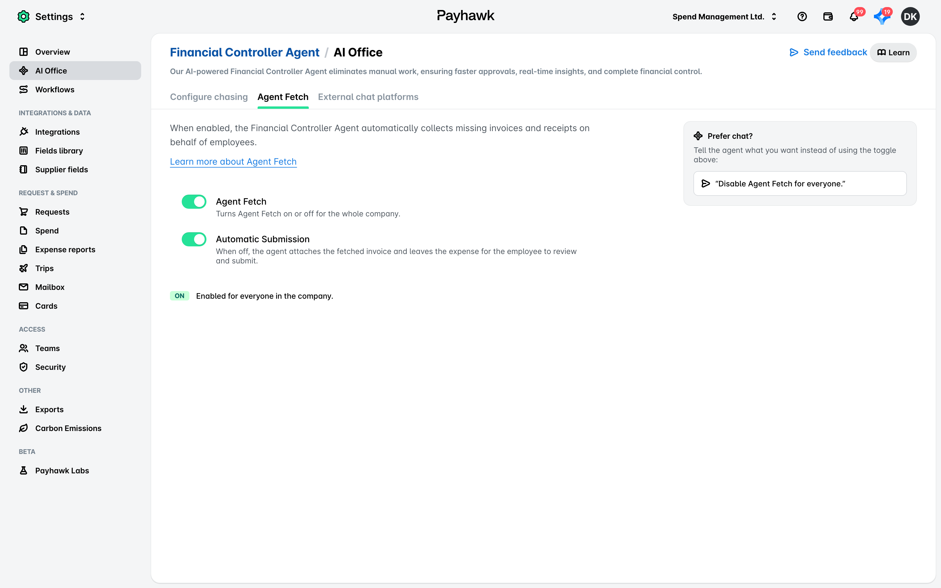 La pestaña Agent Fetch de la configuración del Financial Controller Agent en AI Office, con los interruptores Agent Fetch y Envío automático.