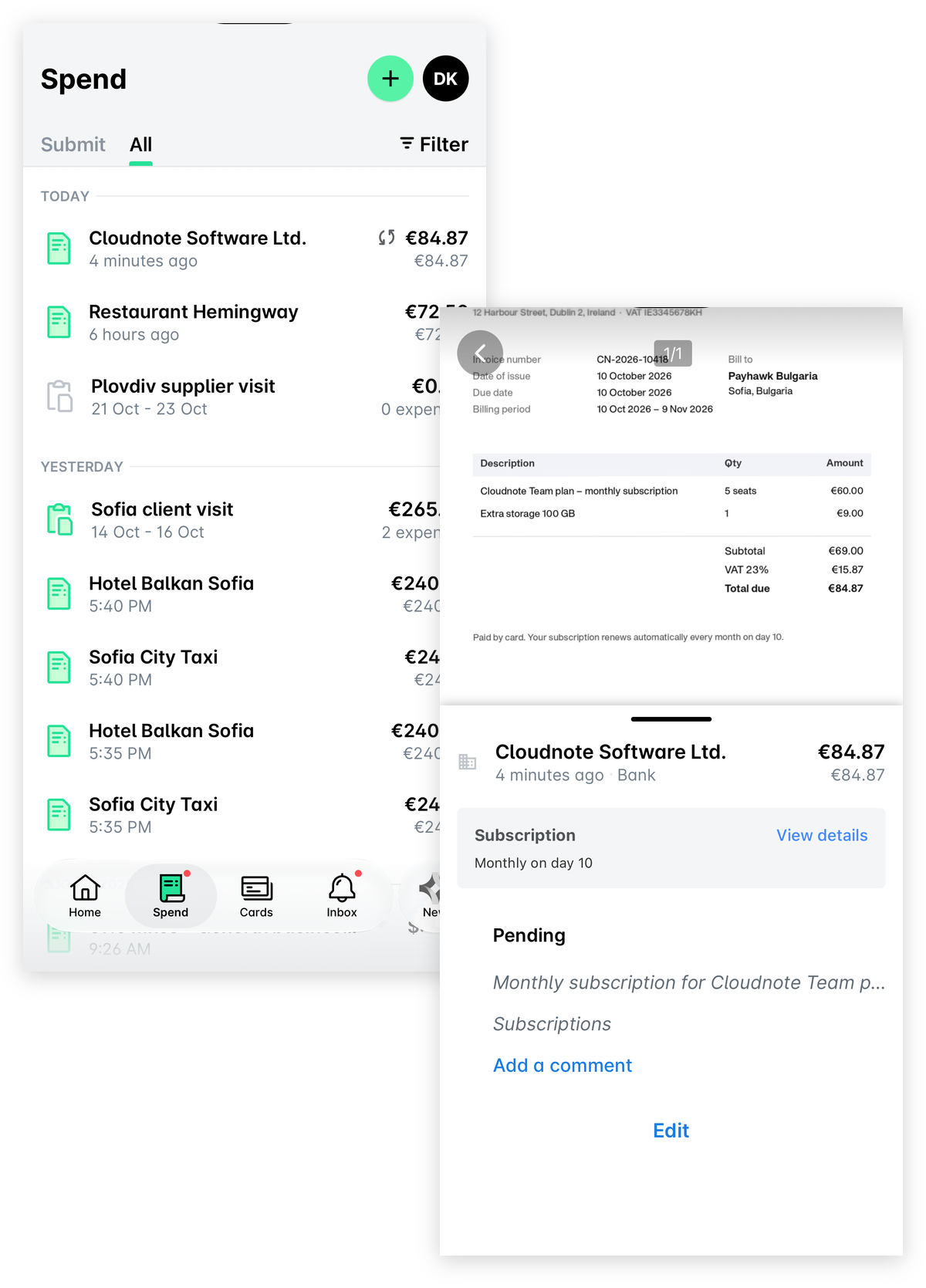 La liste Dépenses de l’application mobile avec l’icône rotative sur une dépense d’abonnement, et la dépense avec son champ Abonnement et Voir les détails.