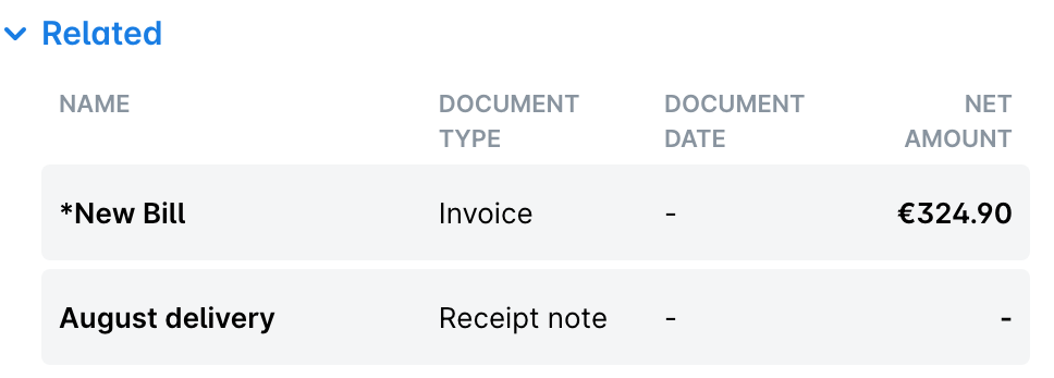 La section Associés d'une demande répertoriant sa facture et son bon de réception, avec leur type de document et leur montant net.