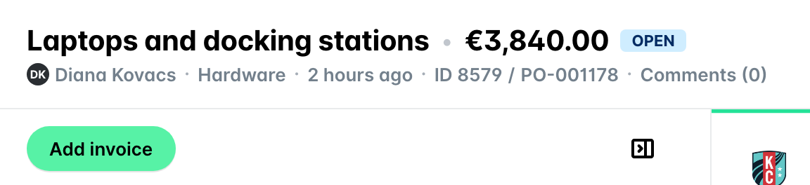 L'en-tête d'une demande ouverte avec le bouton Ajouter une facture.
