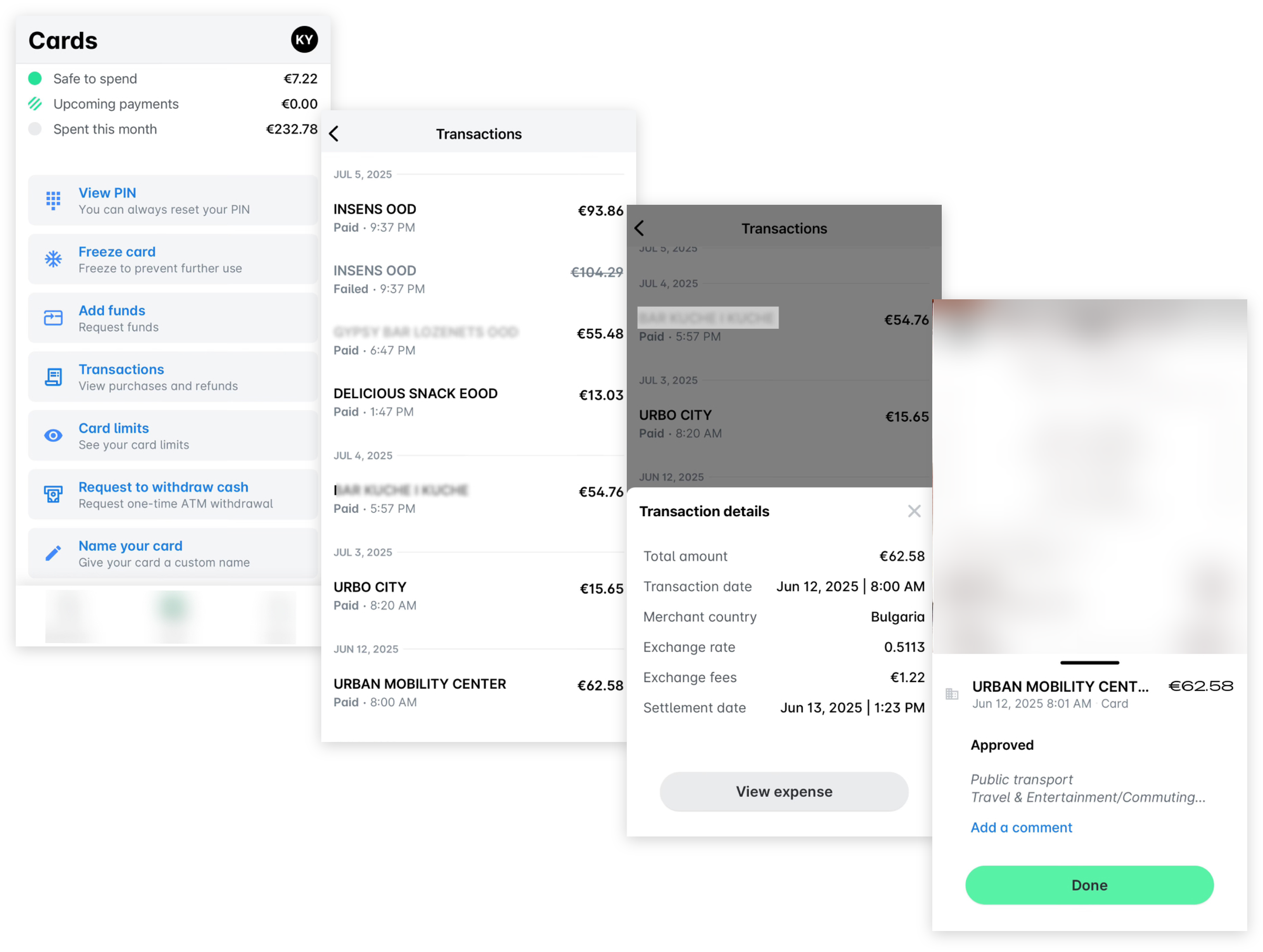 The Cards screen in the mobile app, the card Transactions list, the Transaction details sheet with View expense, and the expense with the Done button.