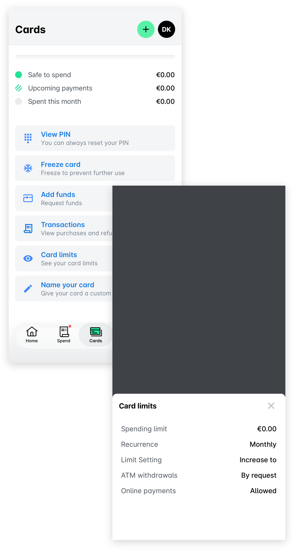 The Cards screen in the mobile app with the Card limits option, and the Card limits sheet showing the spending limit, recurrence, limit setting, ATM withdrawals and online payments.