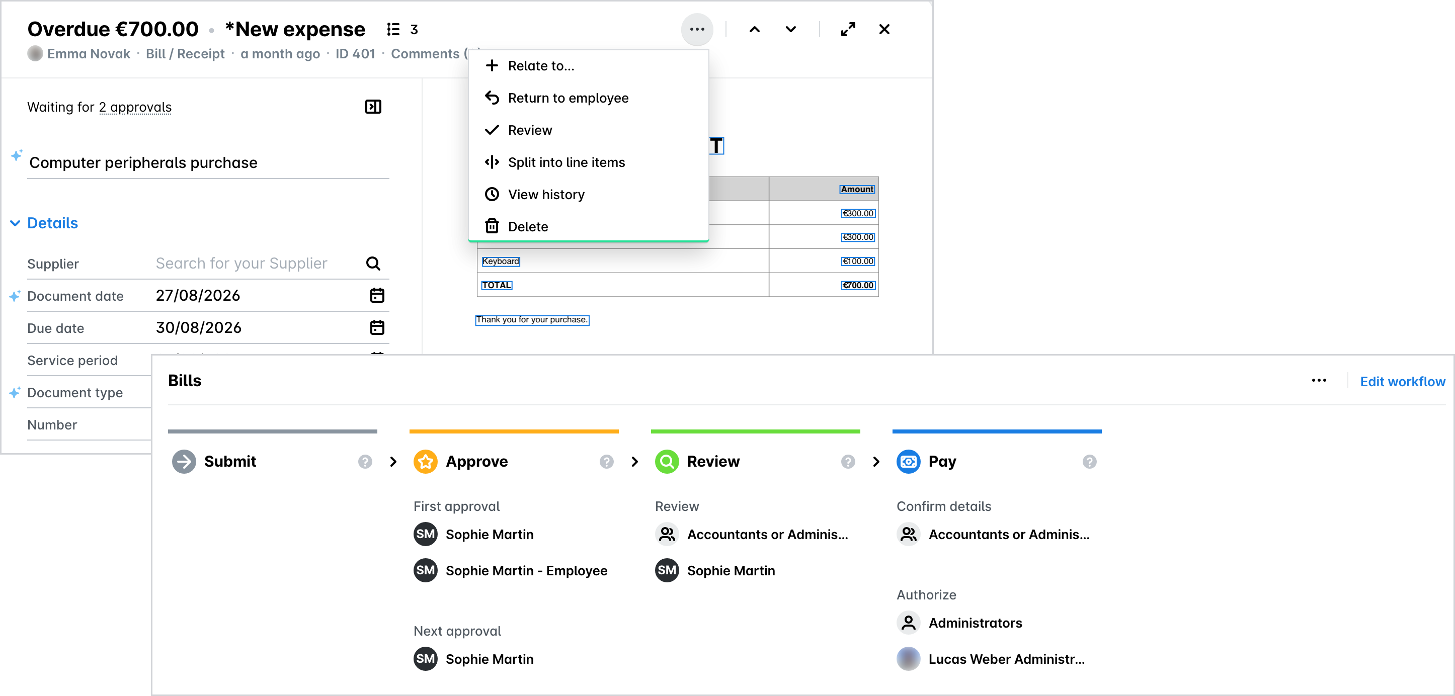 A bill waiting for approval with the three-dot menu open, and the Bills workflow on the Spend types tab of Workflows settings.