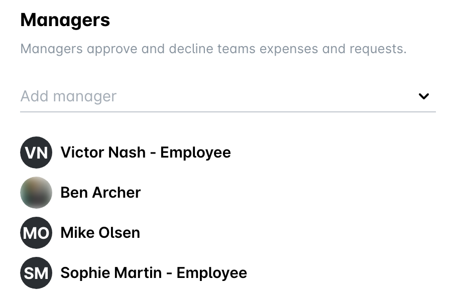 The Managers section of a team in Employees, listing the team managers.