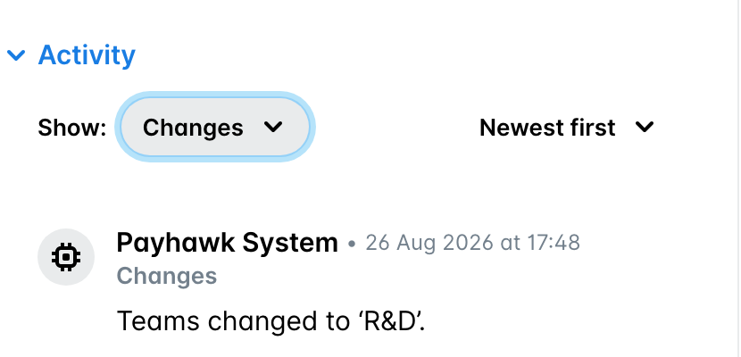The Activity section of an expense filtered to Changes, showing the entry Teams changed to 'R&D'.
