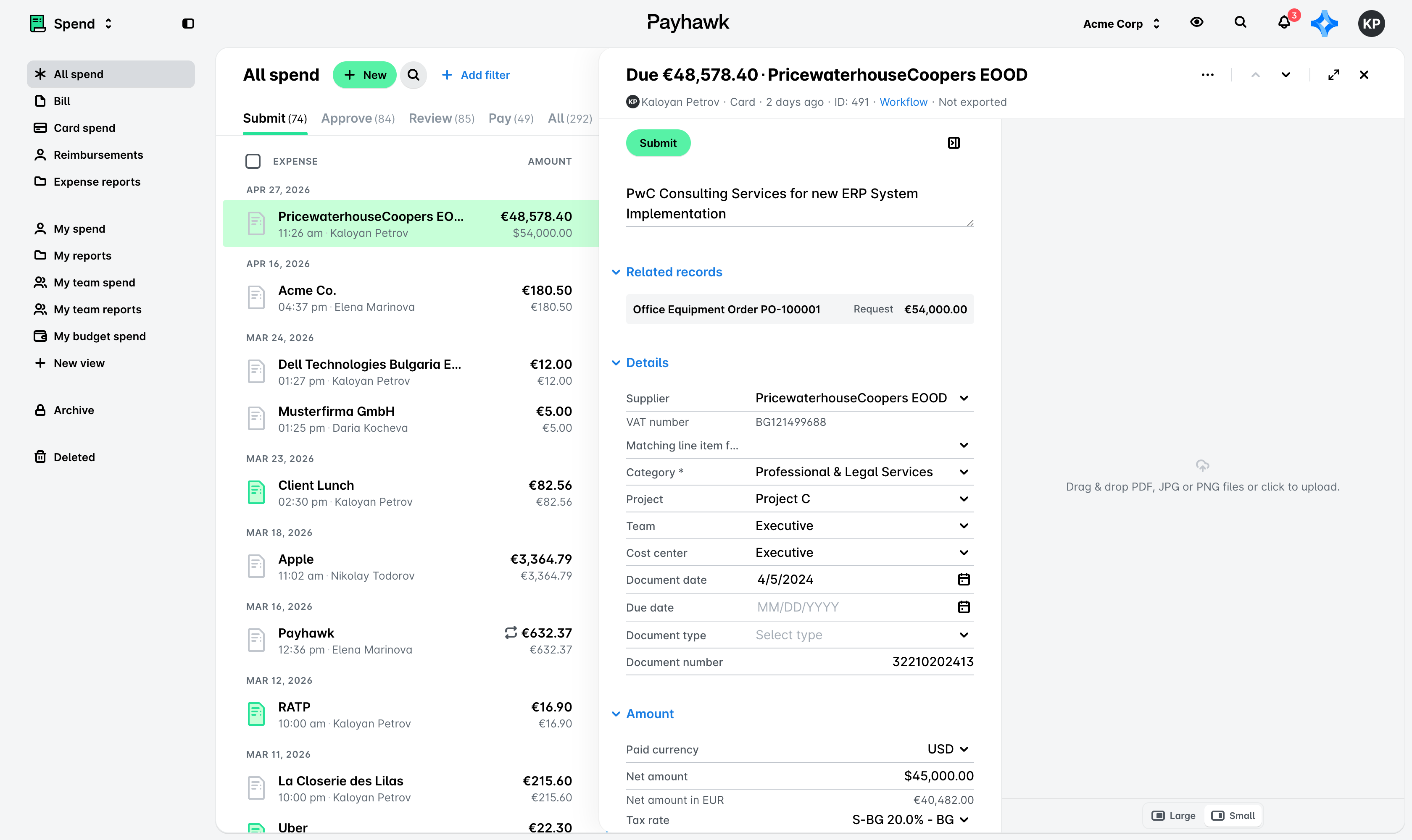 The expense details screen open over the Spend list. The panel header shows the amount due and the supplier. Below it are Related records, Details, and Amount sections. The document viewer fills the right side.