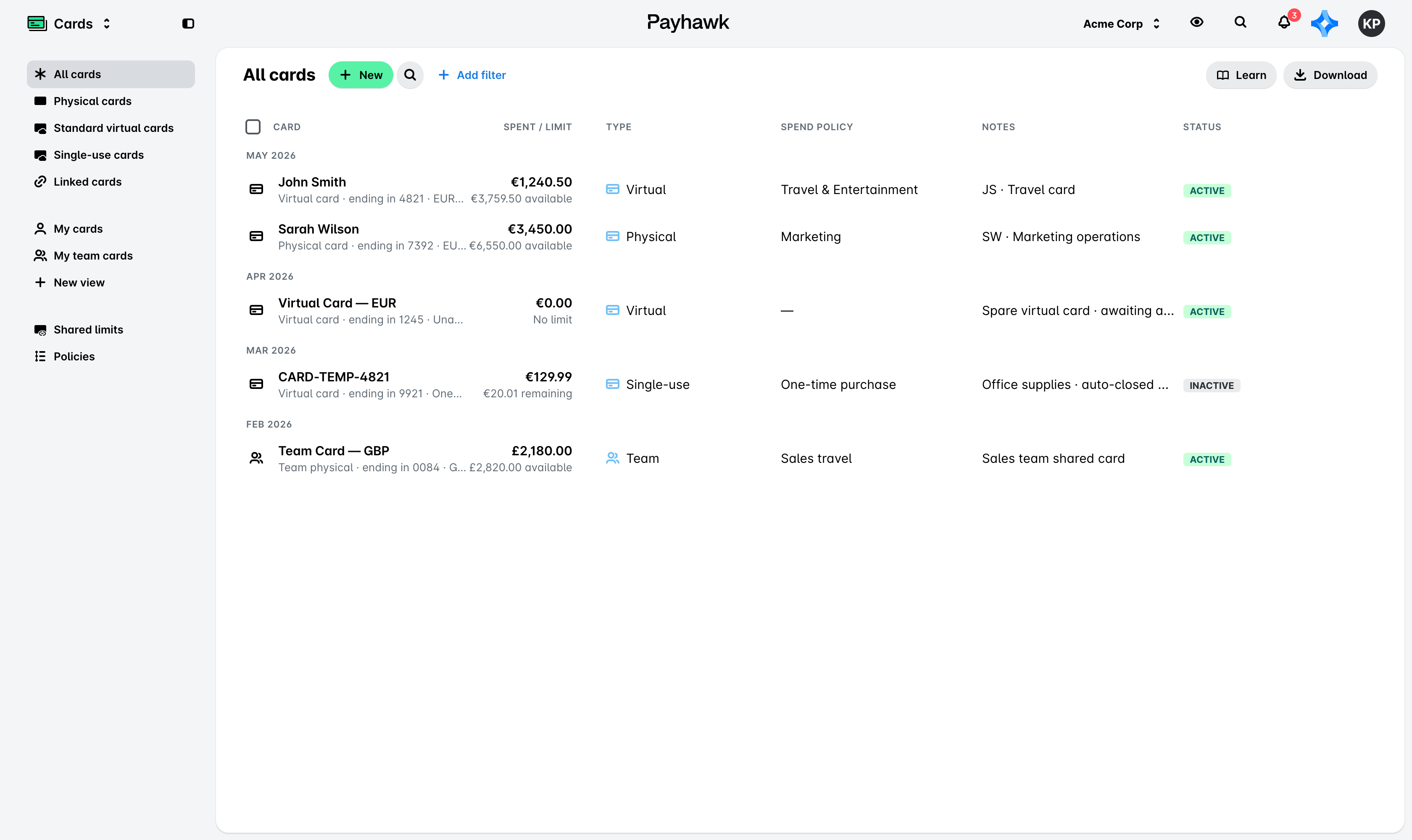 The Cards app. The side panel lists All cards, Physical cards, Standard virtual cards, Single-use cards, and Linked cards, then My cards, My team cards, and New view, then Shared limits and Policies. The list shows cards with spent against limit, type, spend policy, notes, and status.