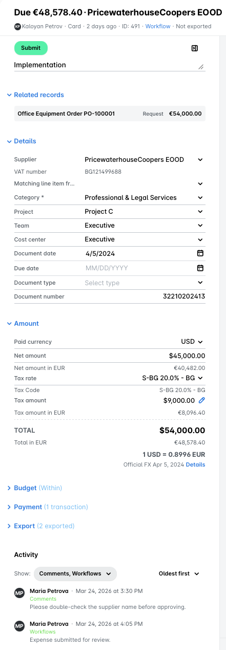 Invoice details for PricewaterhouseCoopers EOOD, including amounts and due dates.