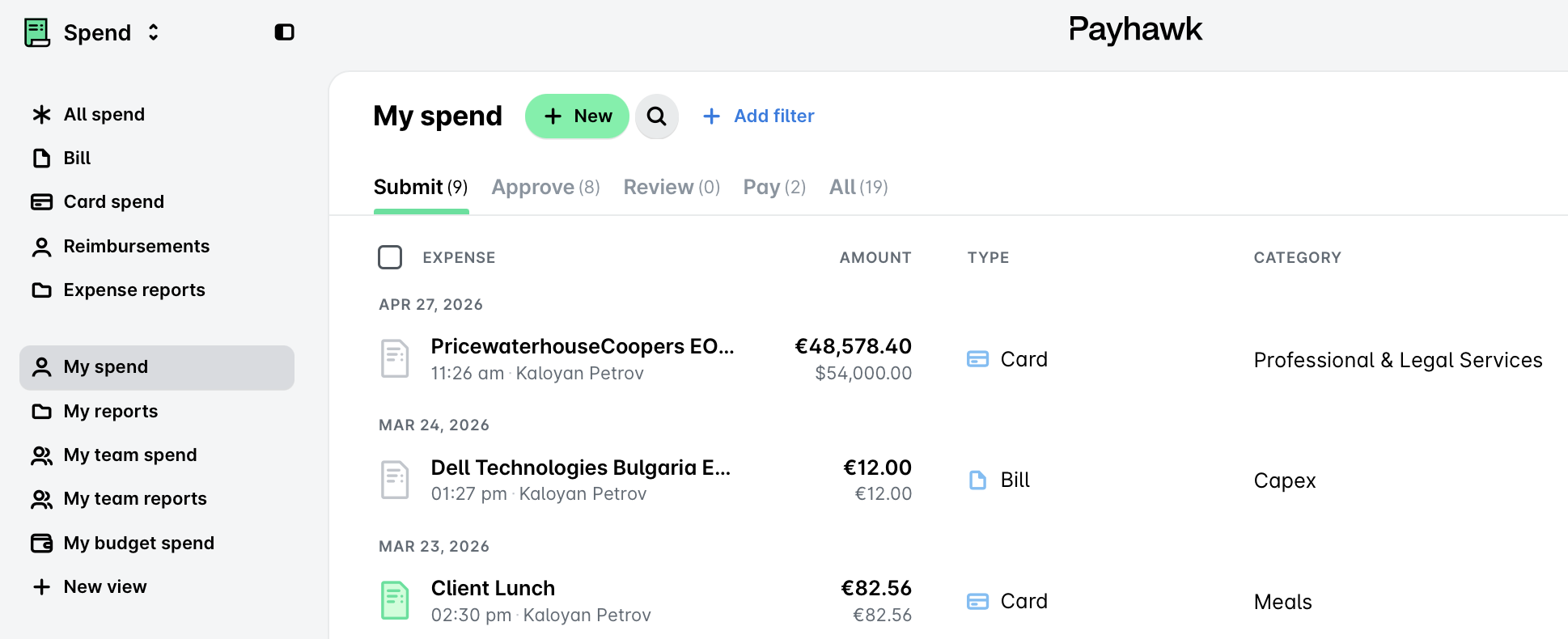 Overview of expenses including amounts and categories for various transactions.