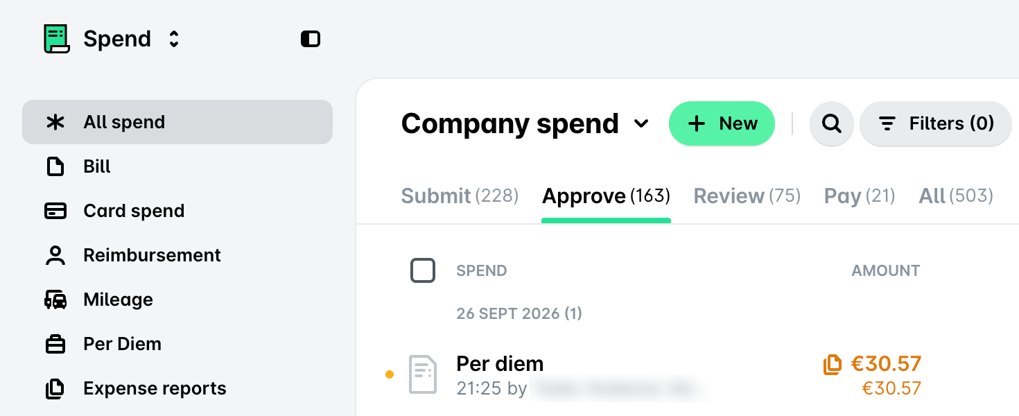 Spend in the Payhawk Web Portal with the Approve tab open, listing the expenses waiting for approval. Expenses that are part of an expense report show the report icon next to their amount.
